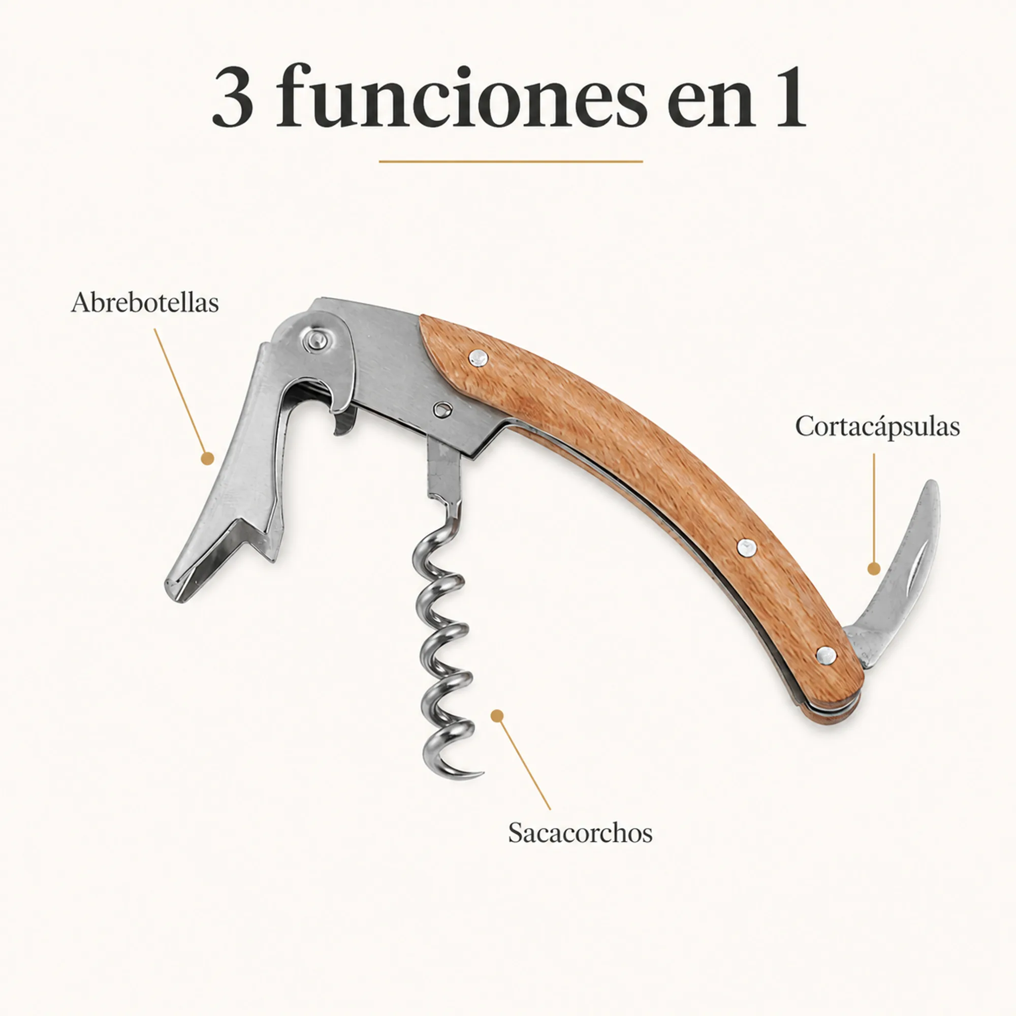 Sacacorchos de madera con tres funciones: sacacorchos, abrebotellas y cortacápsulas