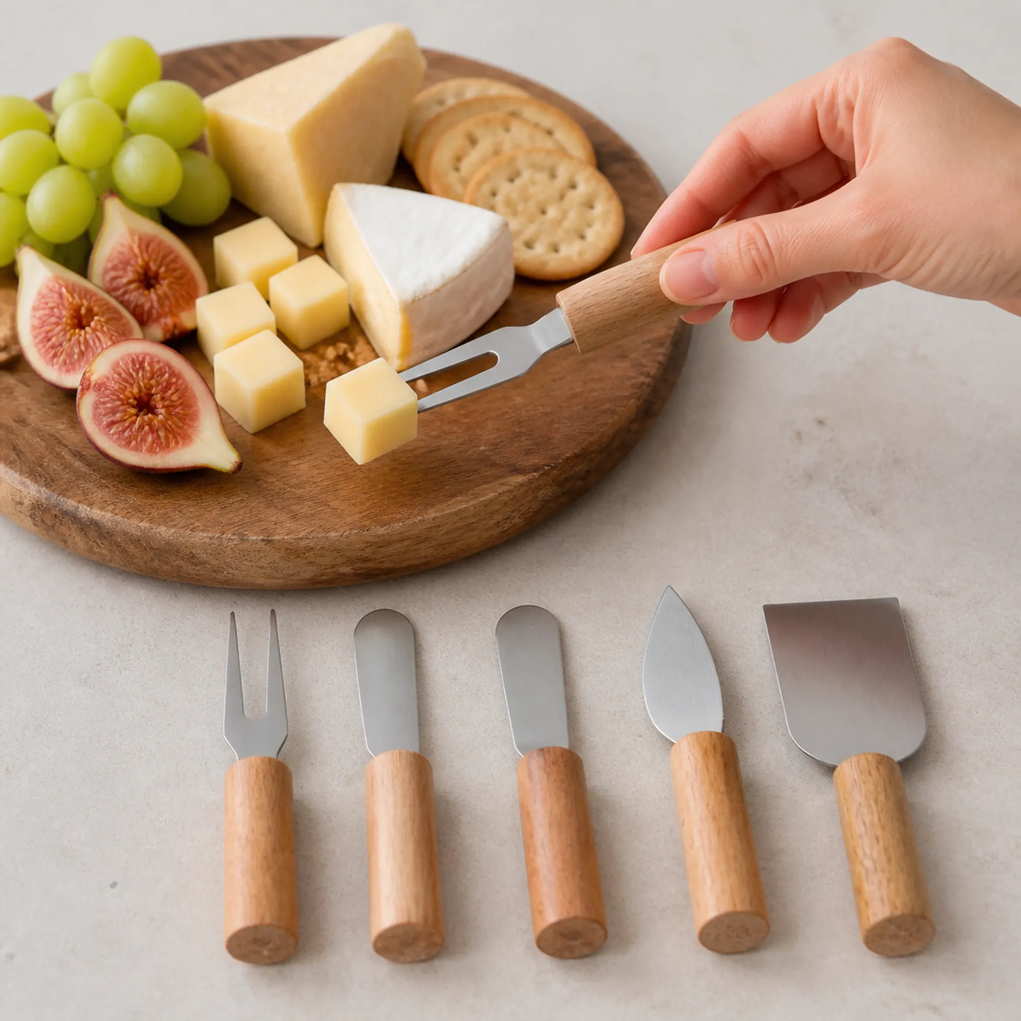 Tenedor pequeño de dos puntas tomando un cubo de queso