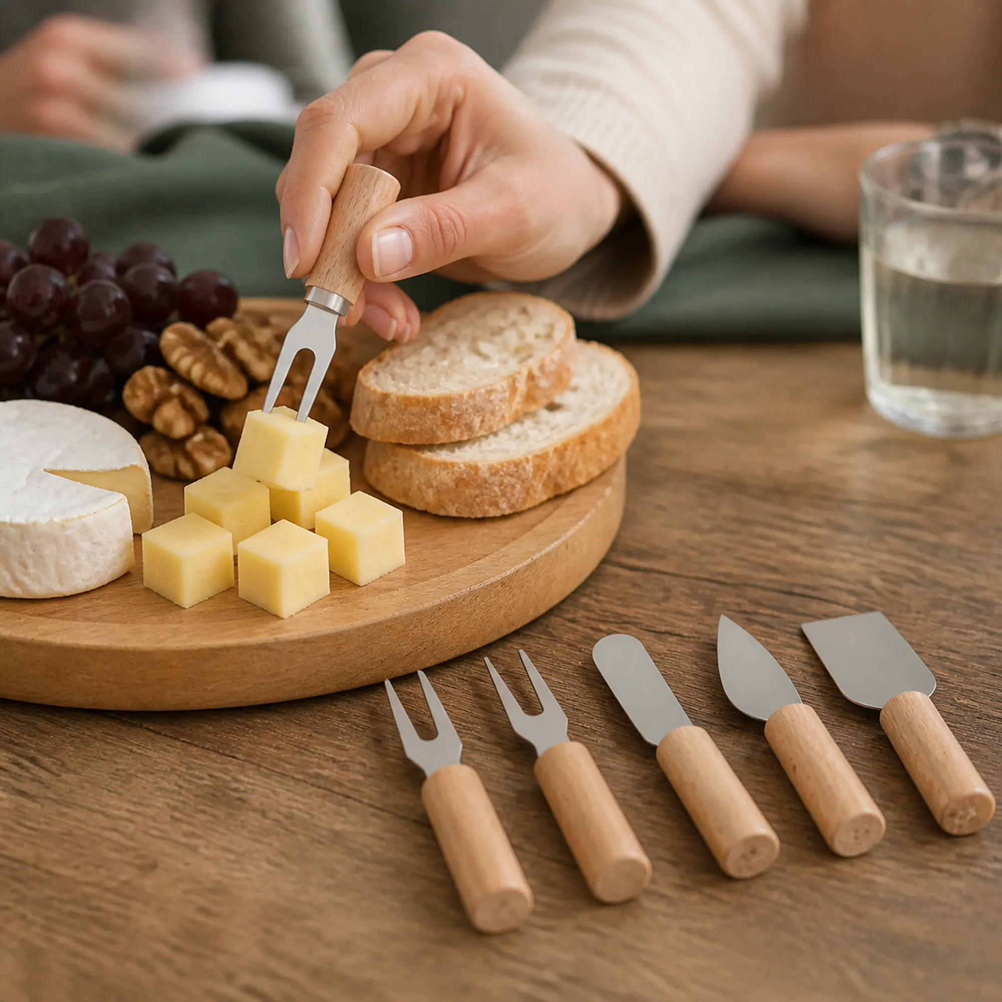 Tenedor pequeño de dos puntas con mango de madera sirviendo queso