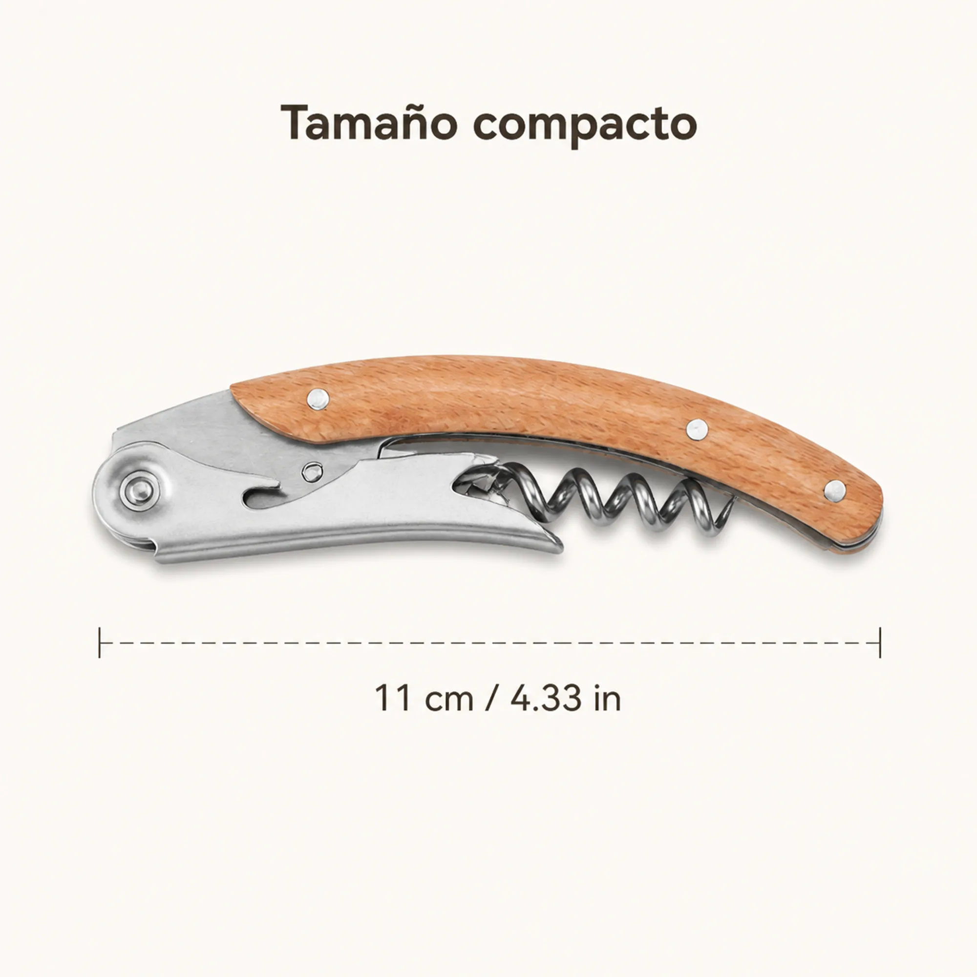 Sacacorchos plegable con mango de madera de 11 cm o 4.33 pulgadas