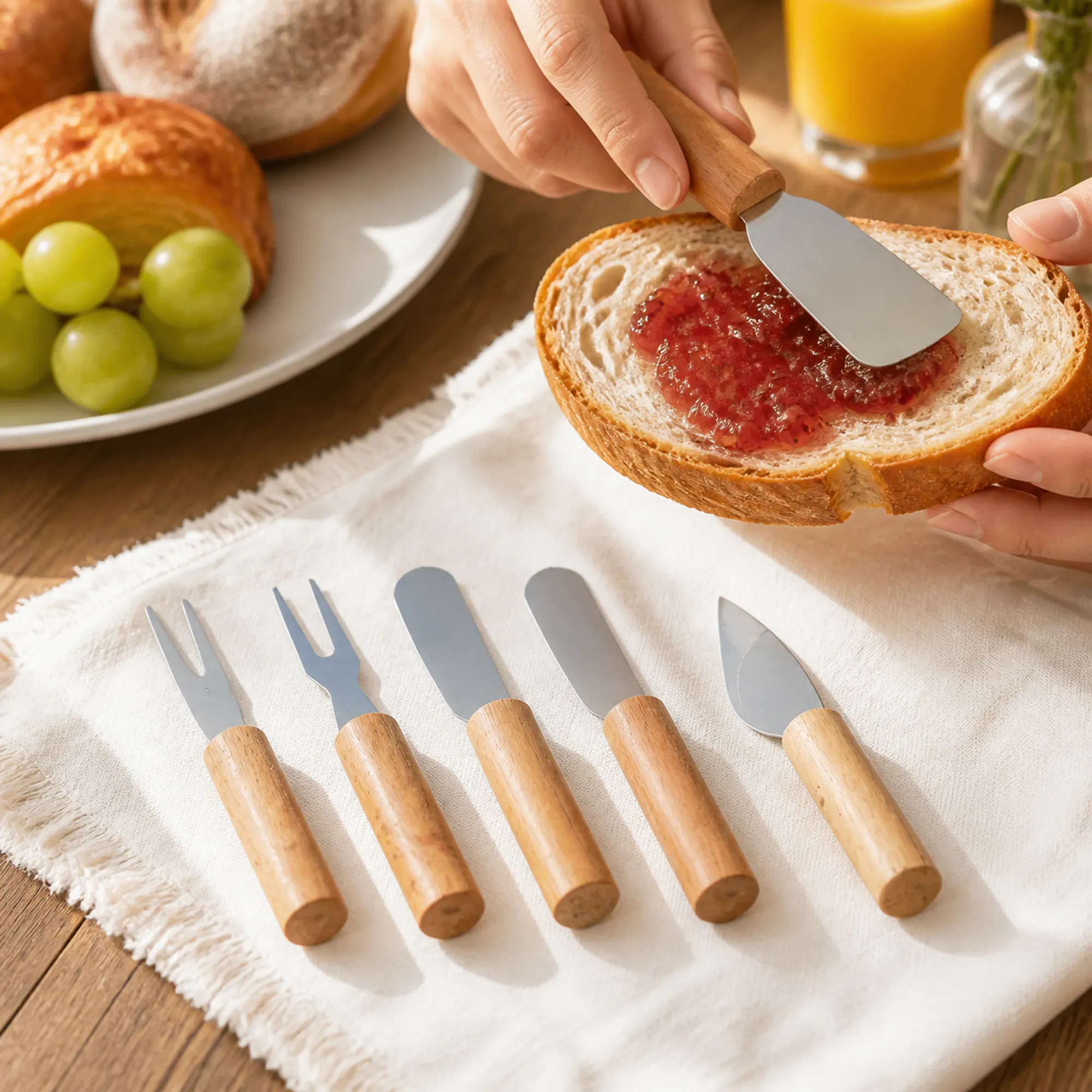 Esparcidor ancho con mango de madera untando mermelada