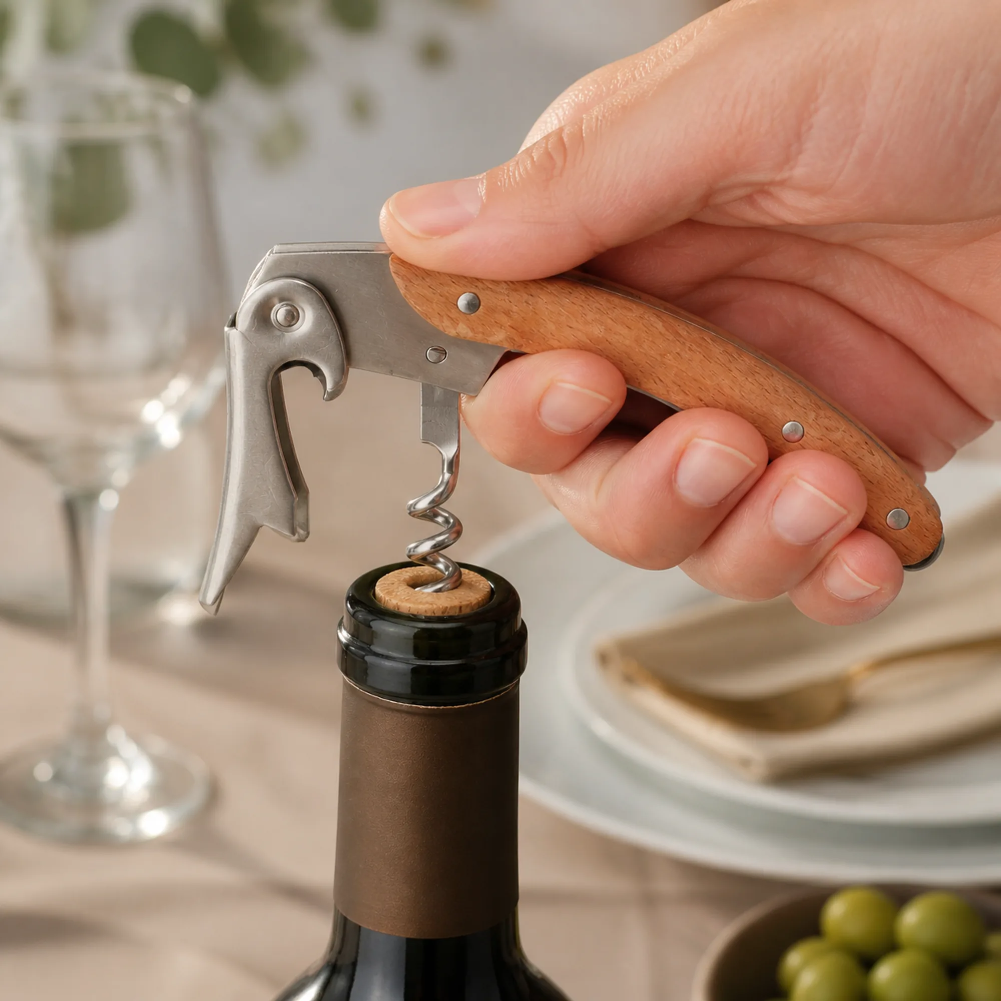 Sacacorchos de camarero insertado en el corcho de una botella de vino