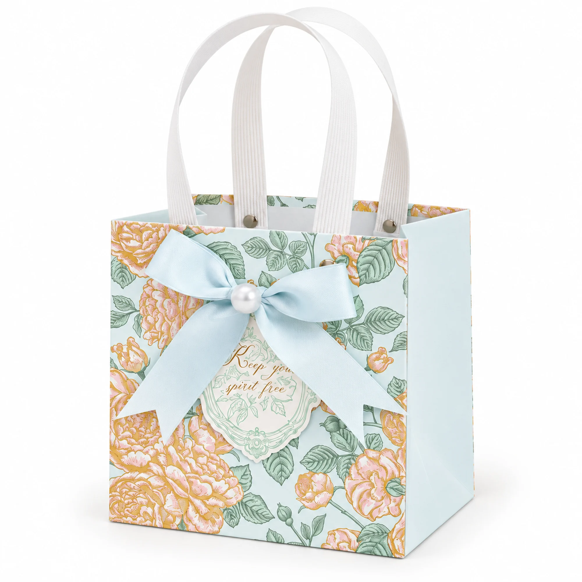 Bolsa de Regalo Celeste Floral Compacta, 14,5 × 14,5 × 10 cm