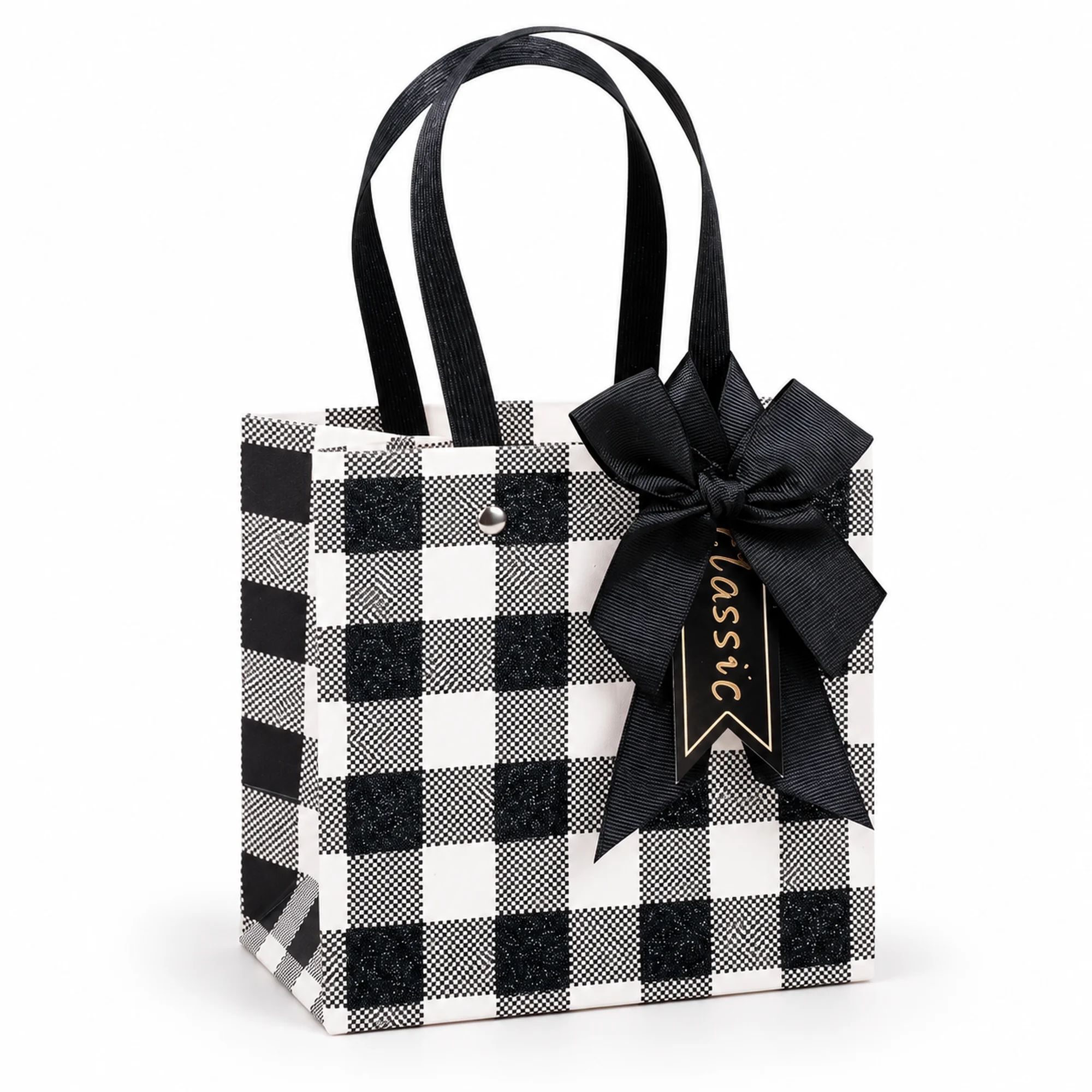 Bolsa de Regalo Bolsa Pequeña A Cuadros Blanco Y Negro, 14,5 × 14,5 × 9 cm