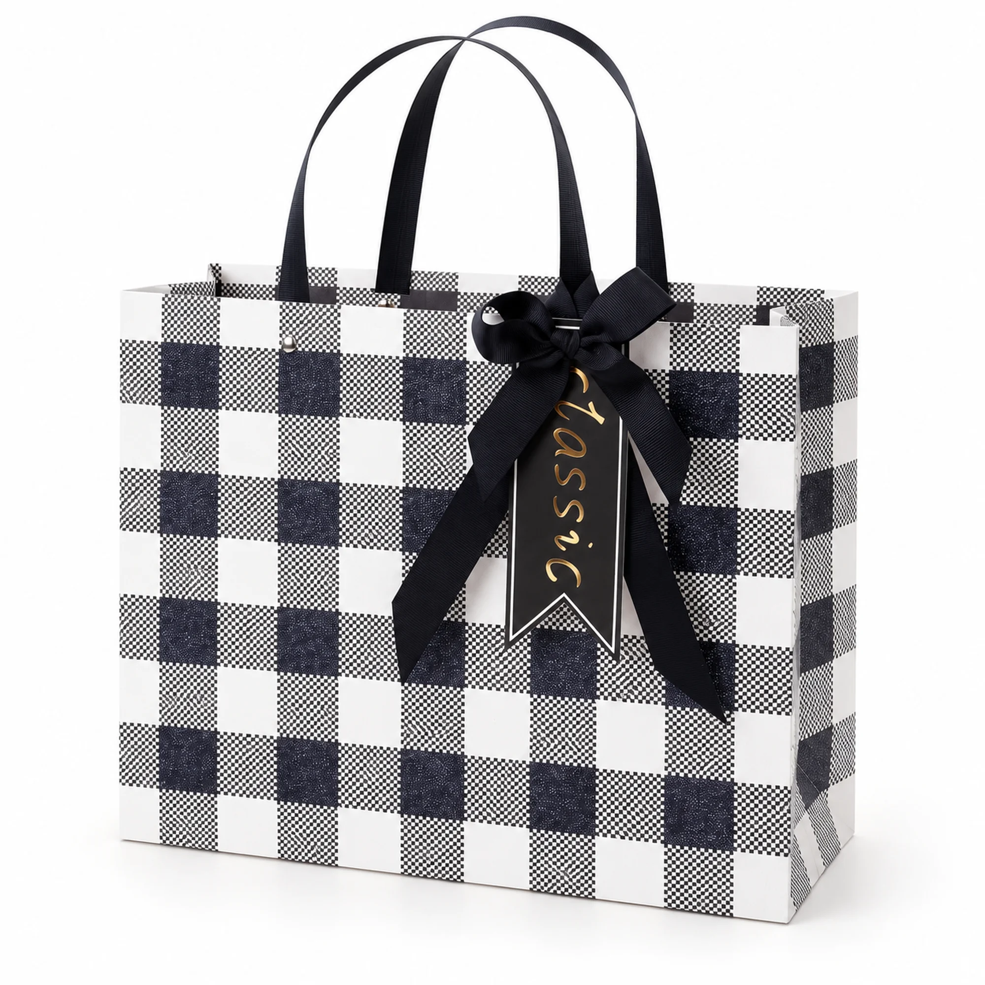 Bolsa de Regalo Ancha A Cuadros Blanco Y Negro, 32 × 25,5 × 11 cm