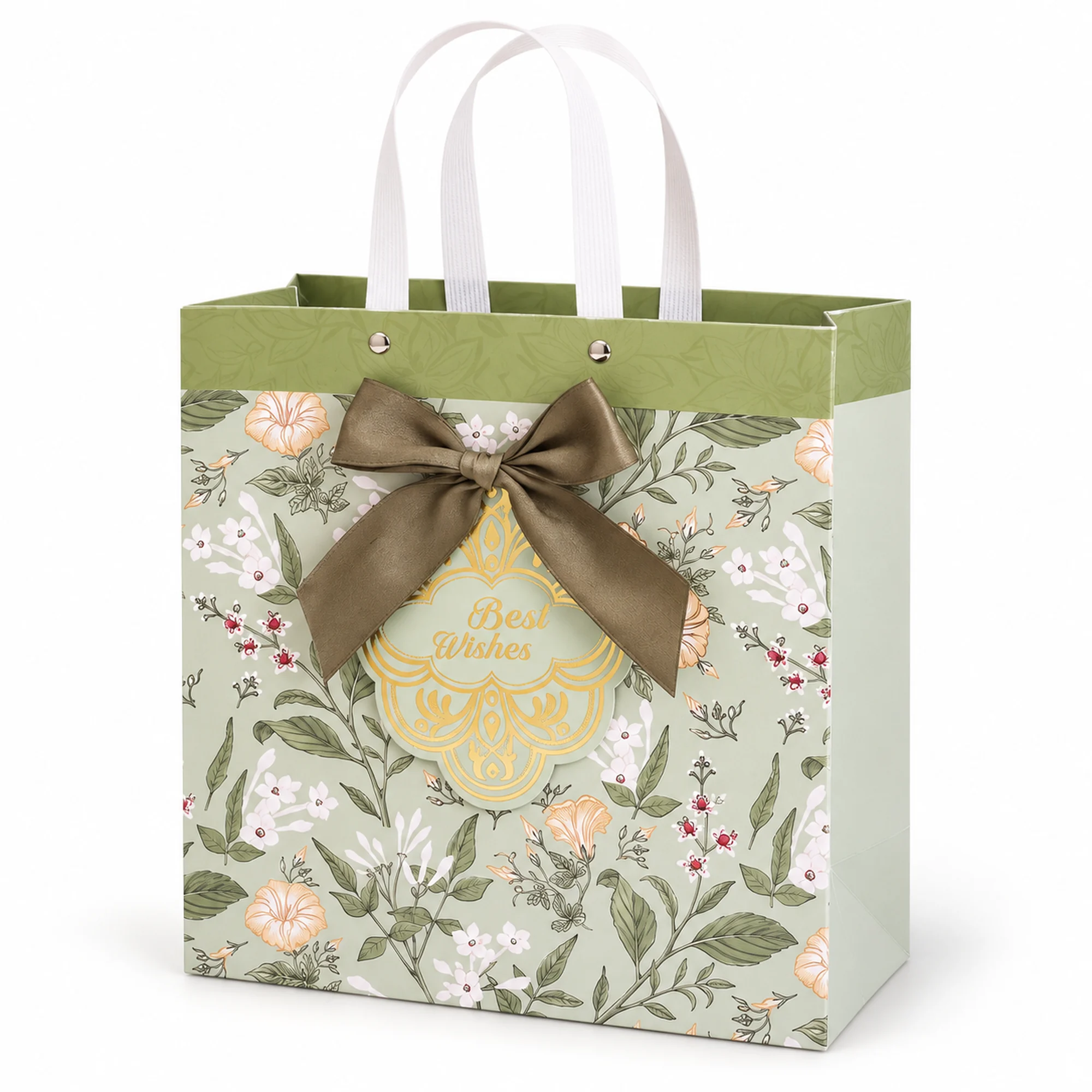 Bolsa de Regalo Floral Horizontal Con Lazo Café, 23 × 18 × 10 cm