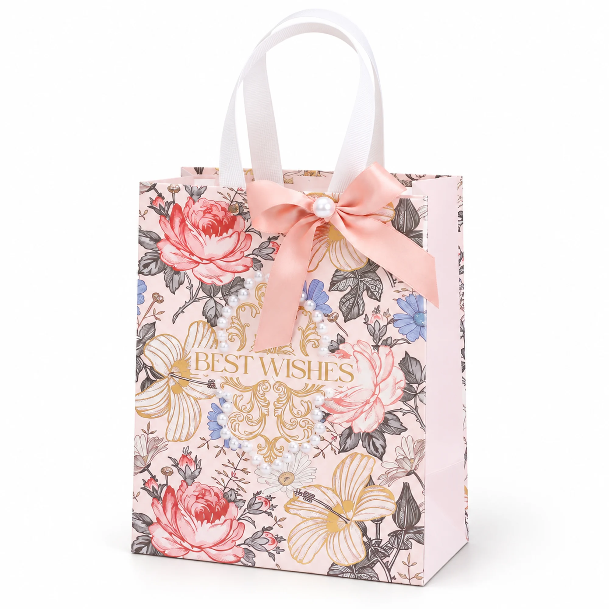 Bolsa de Regalo Floral Con Lazo Rosado, 26 × 32 × 12,5 cm