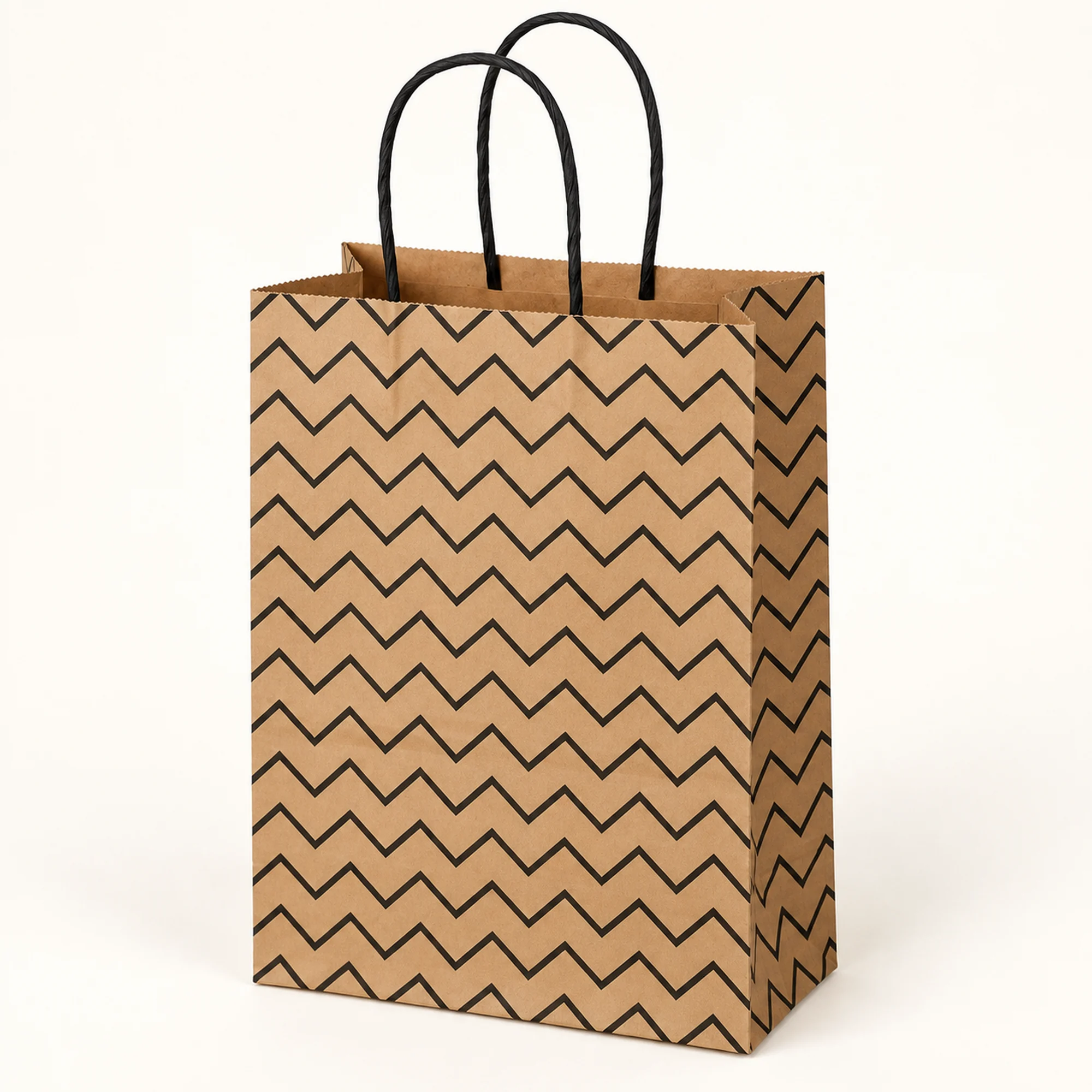 Bolsa de Regalo de Papel Kraft Estampada con Chevrón Negro, 15 × 21 × 8 cm, Diseños Surtidos