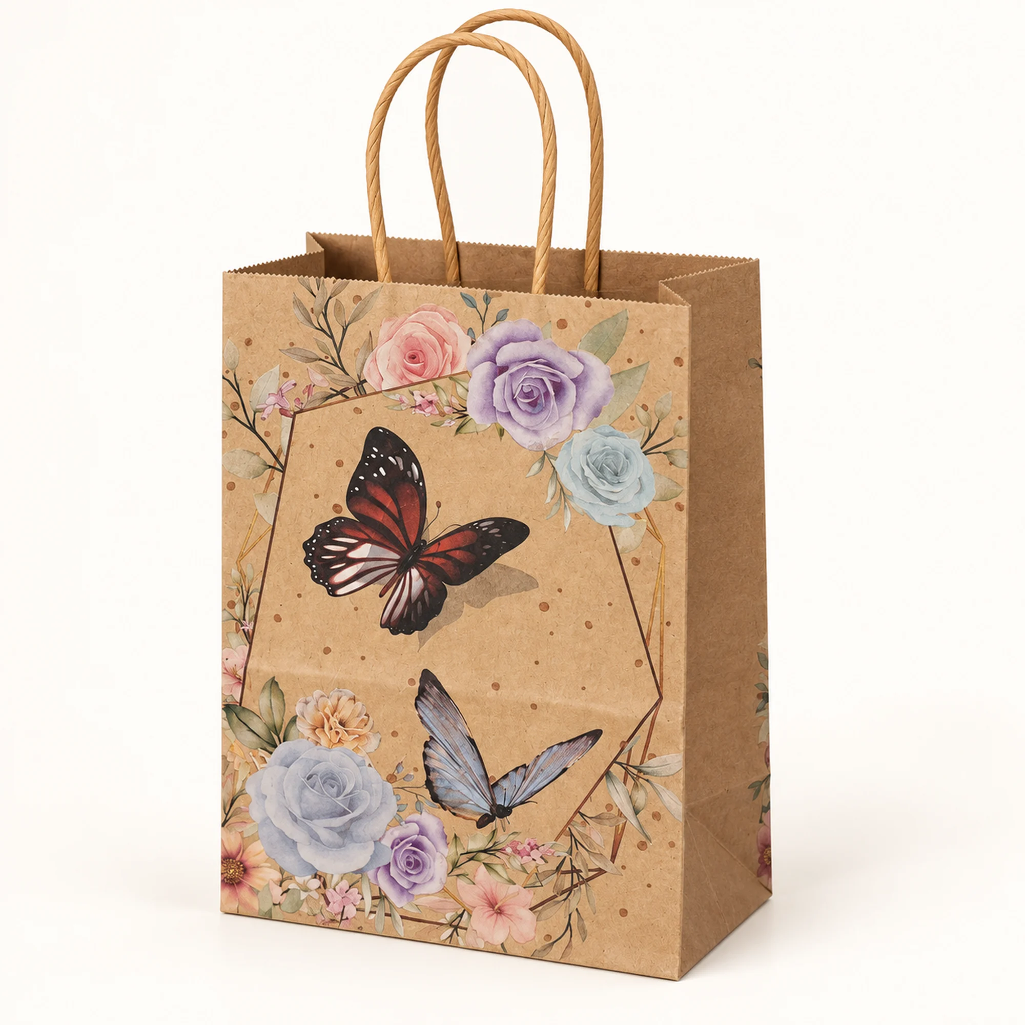 Bolsa de Regalo de Papel Kraft Estampada con Flores Y Mariposas, 15 × 21 × 8 cm, Diseños Surtidos