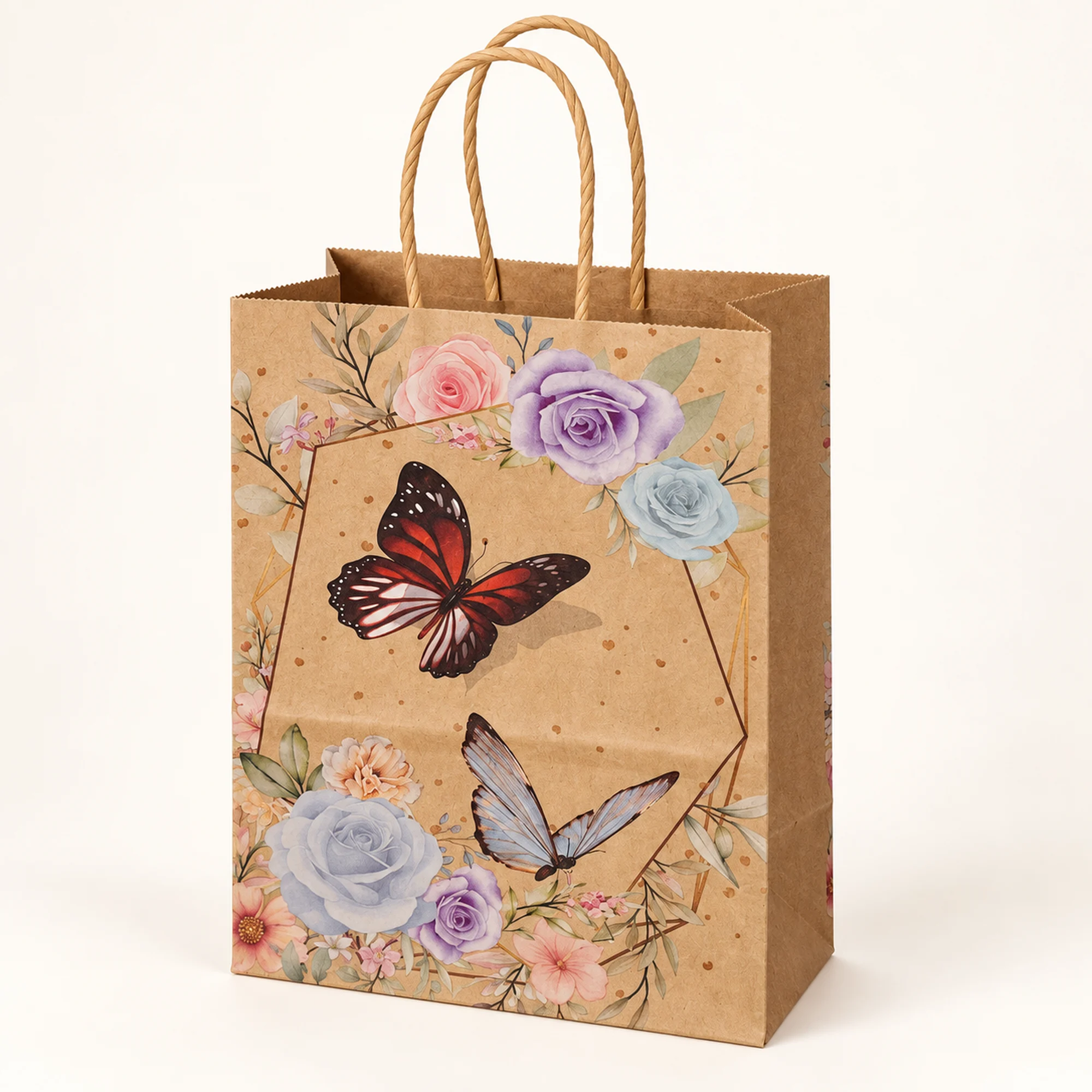 Bolsa de Regalo de Papel Kraft Estampada con Formato Grande Floral, 21 × 27 × 11 cm, Diseños Surtidos