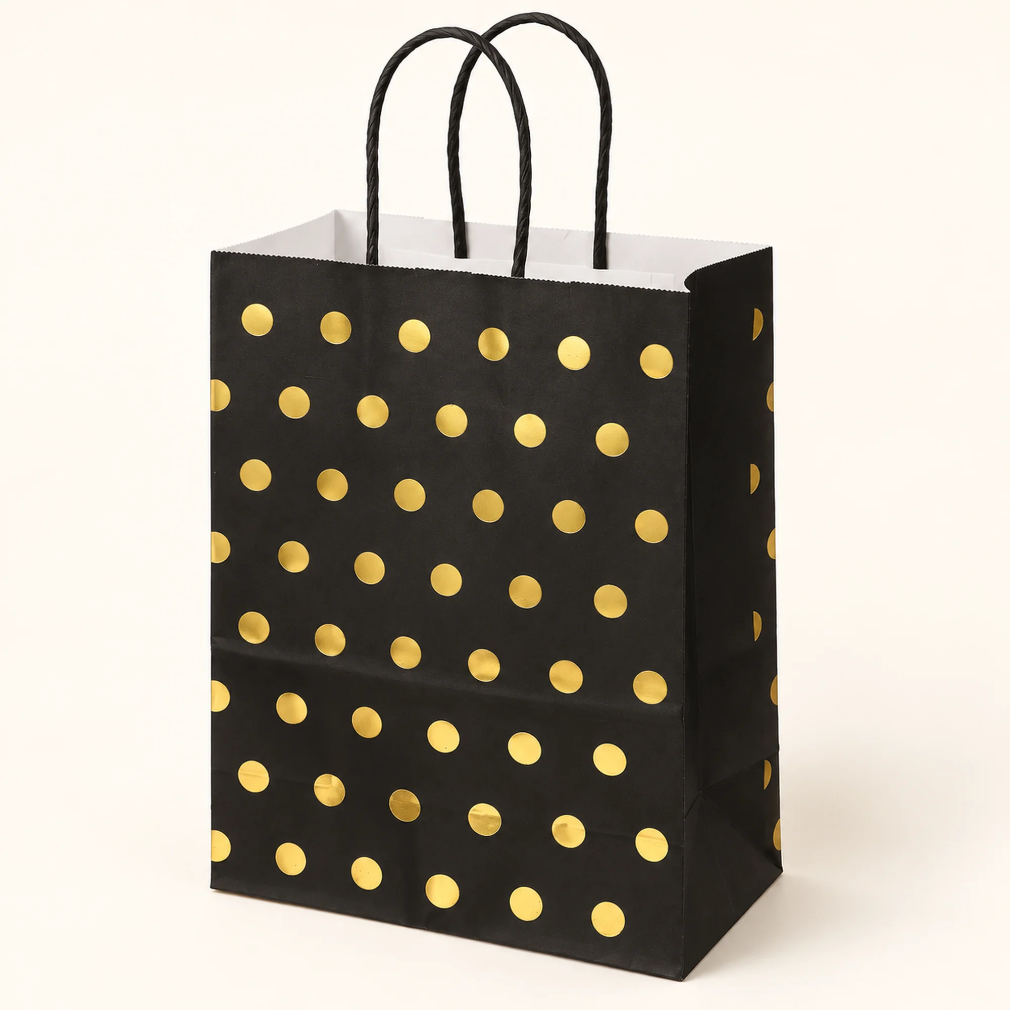 Bolsa de Regalo de Papel con Lunares Dorados y Asas Trenzadas, 21 × 27 × 11 cm, Diseños Surtidos