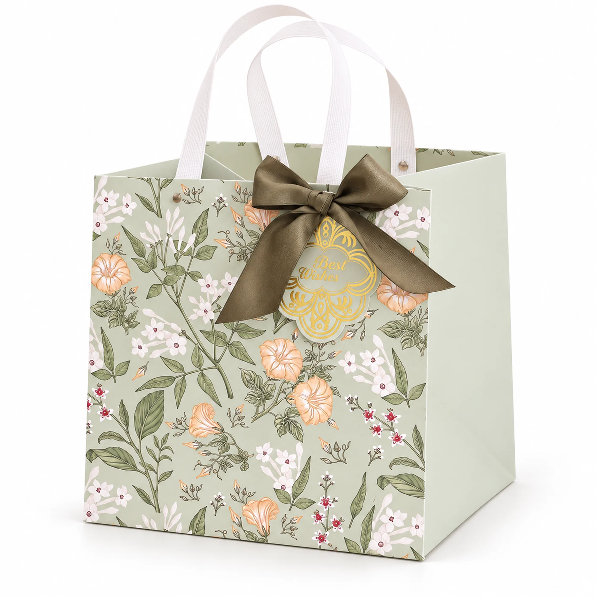 Bolsa de Regalo Floral Profunda Con Lazo Café, 26 × 26 × 25 cm