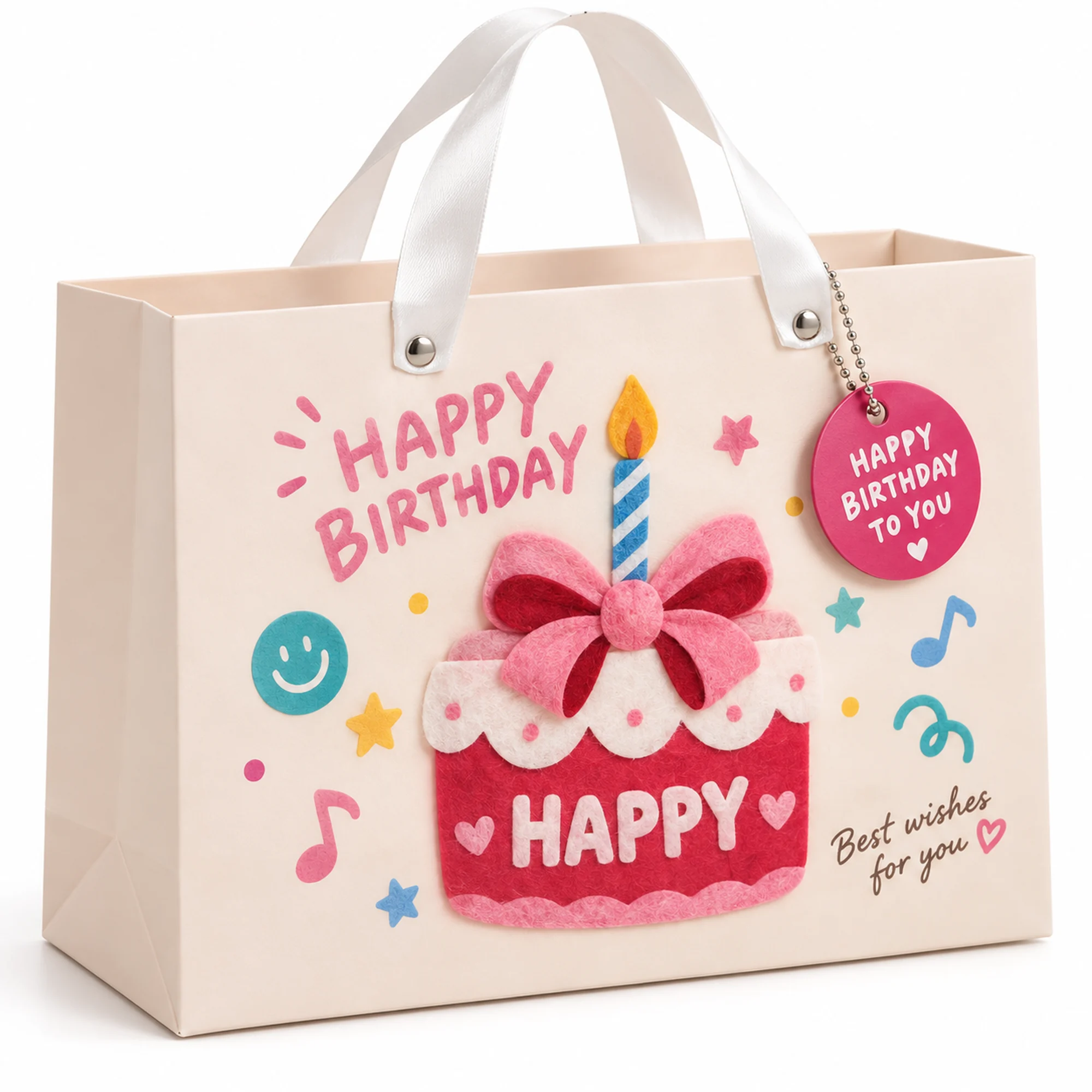 Bolsa de Regalo Rígida Ancha De Cumpleaños con Torta Con Lazo Y Vela, 24,5 × 19,5 × 9,5 cm