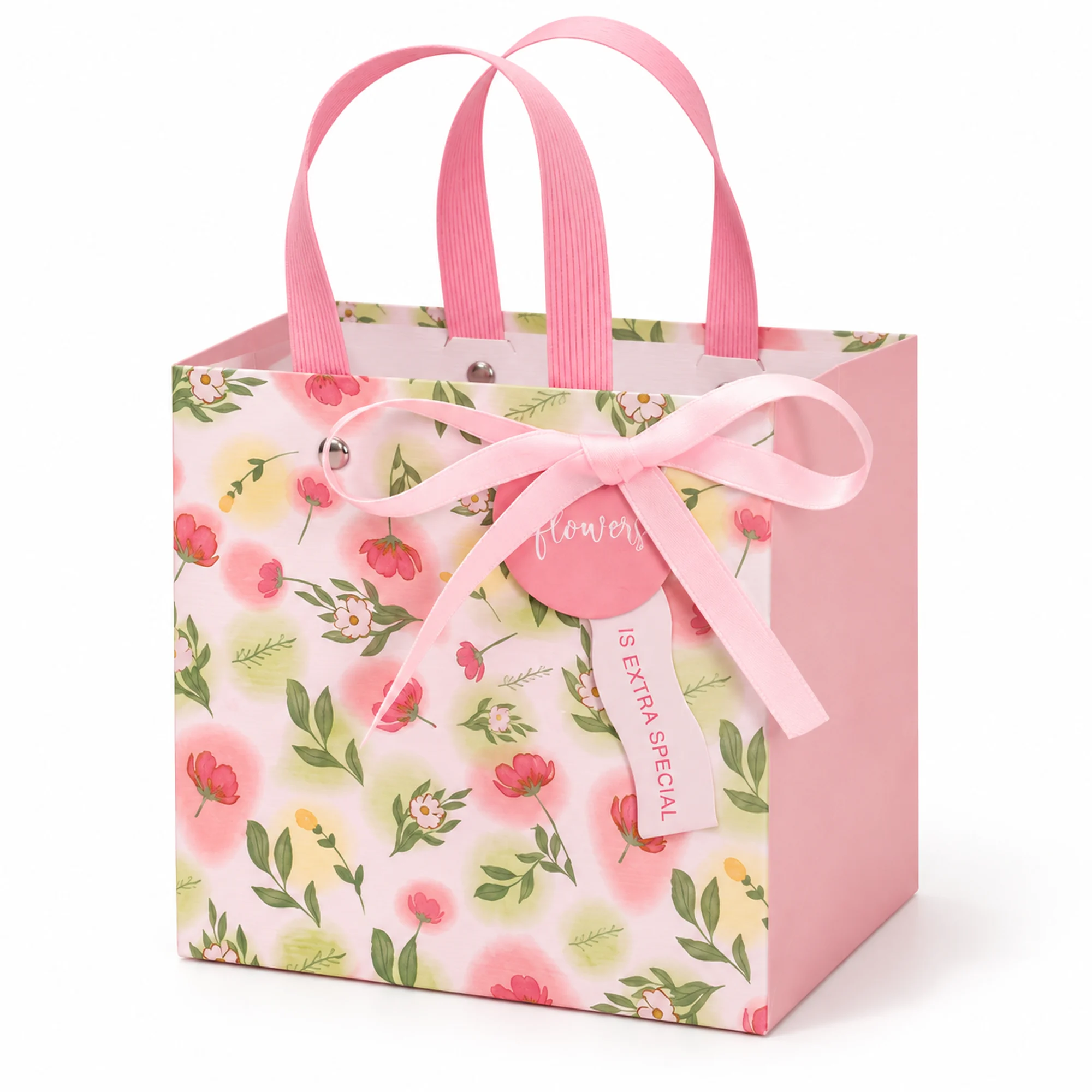 Bolsa de Regalo Rígida Floral con Formato Compacto Floral, 14,5 × 14,5 × 10 cm