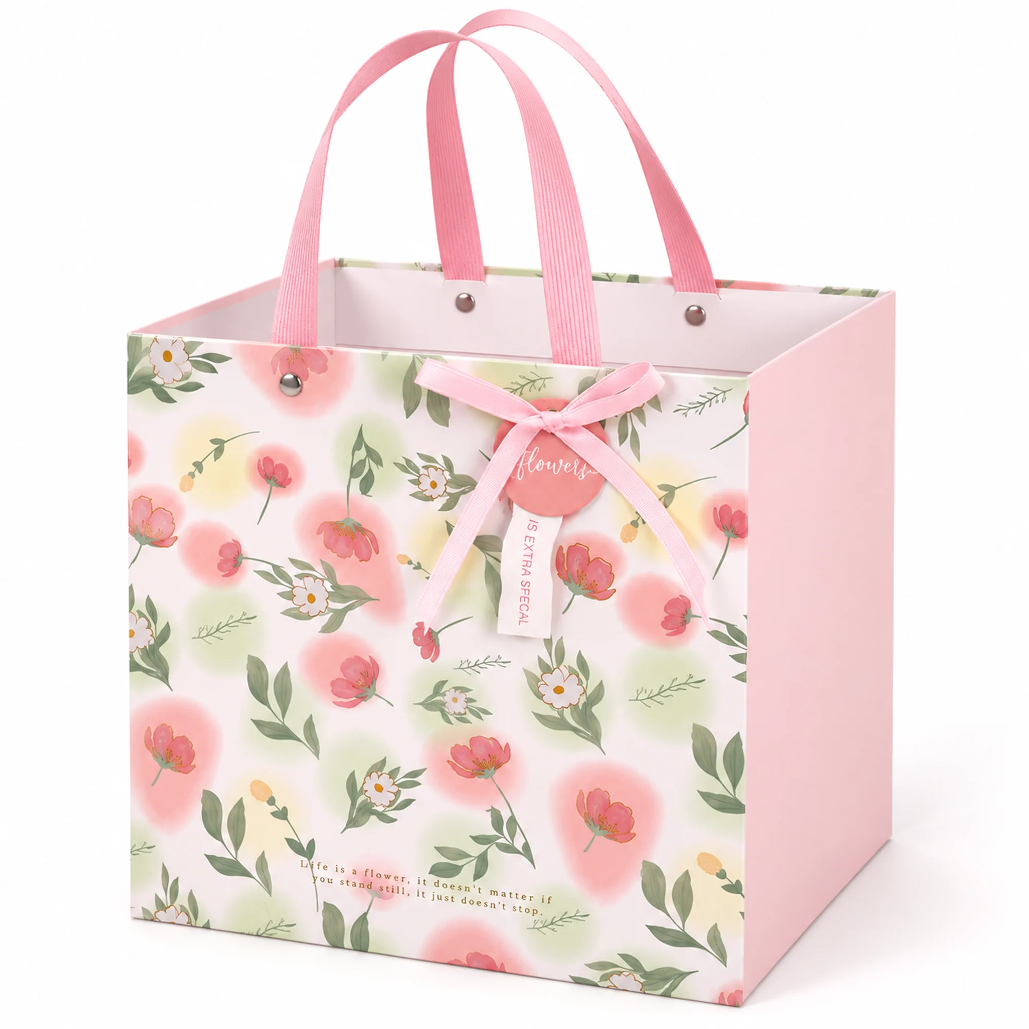 Bolsa de Regalo Rígida Floral con Formato Cuadrado Profundo, 26 × 26 × 25 cm