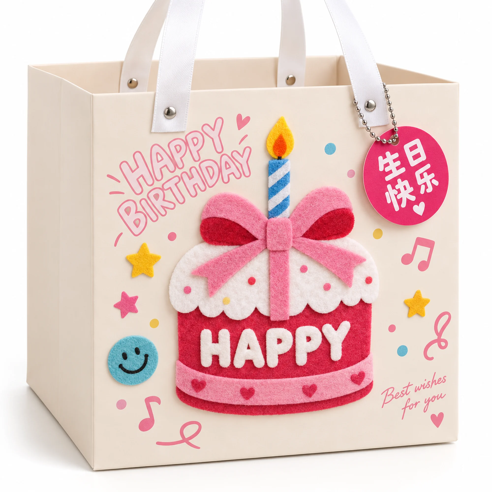 Bolsa de Regalo Rígida De Cumpleaños con Torta Con Lazo Y Vela, 20 × 20 × 20 cm