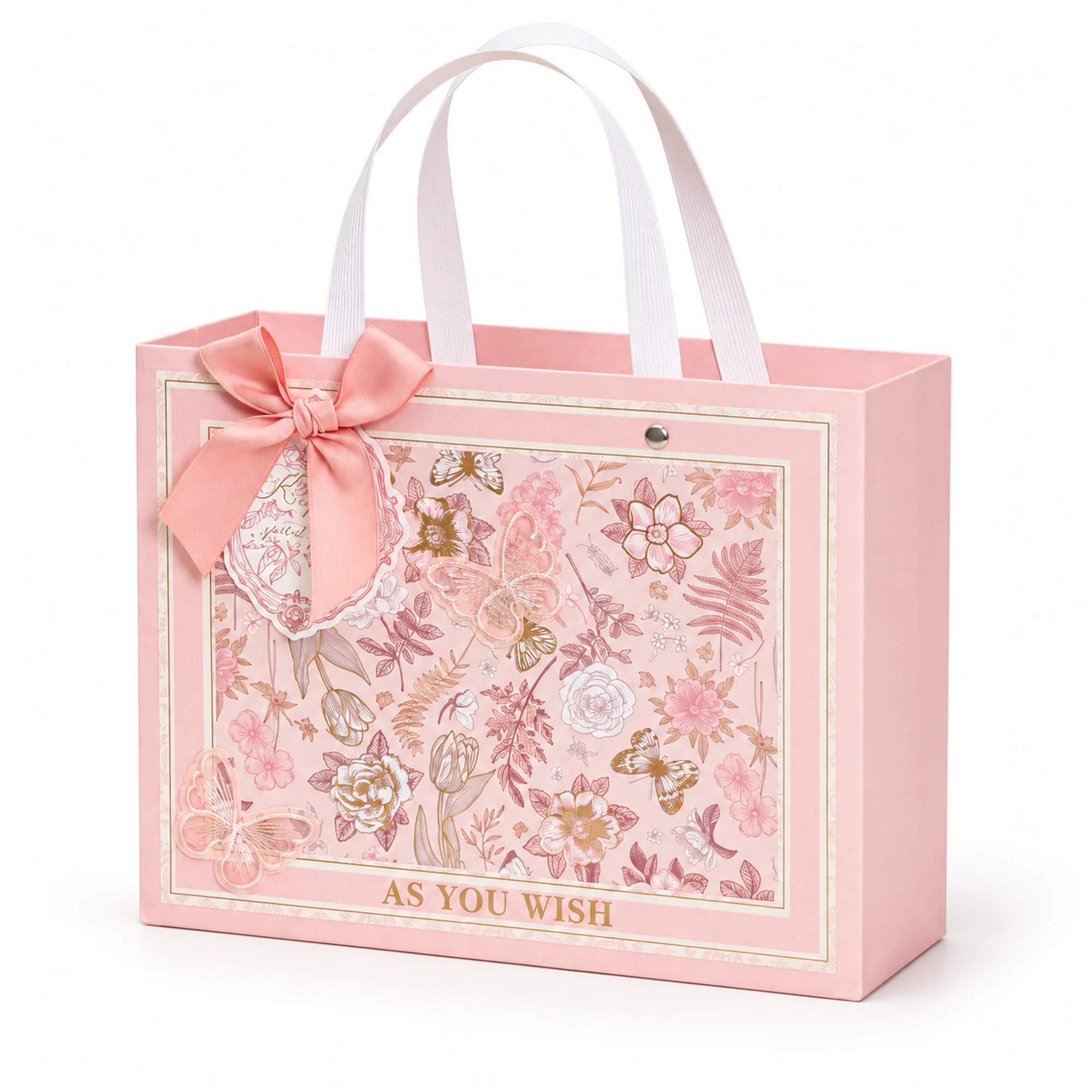 Bolsa de Regalo Rosada Floral Ancha, 24,5 × 19,5 × 9,5 cm