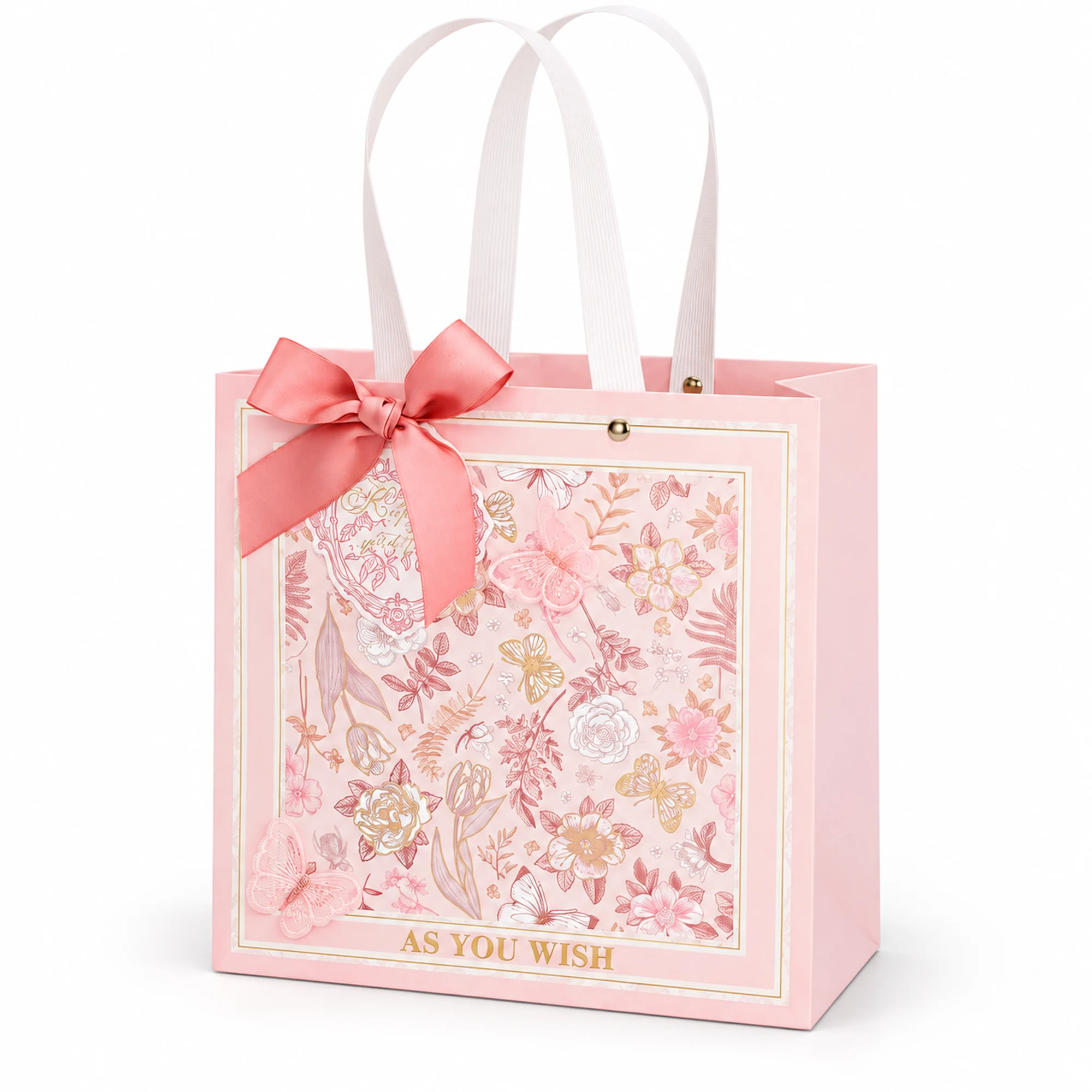 Bolsa de Regalo Rosada Floral Con Mariposas, 22 × 22 × 10 cm