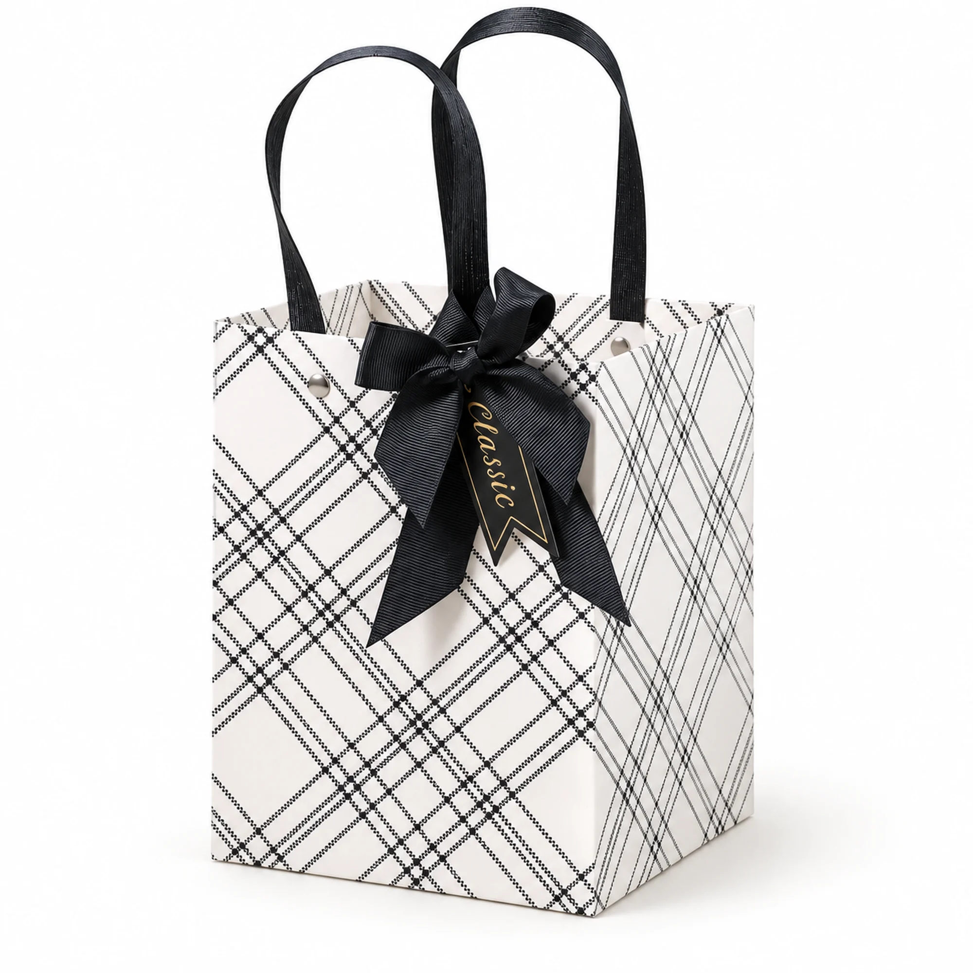 Bolsa de Regalo Alta De Tartán Blanco Y Negro, 14,5 × 19 × 14 cm