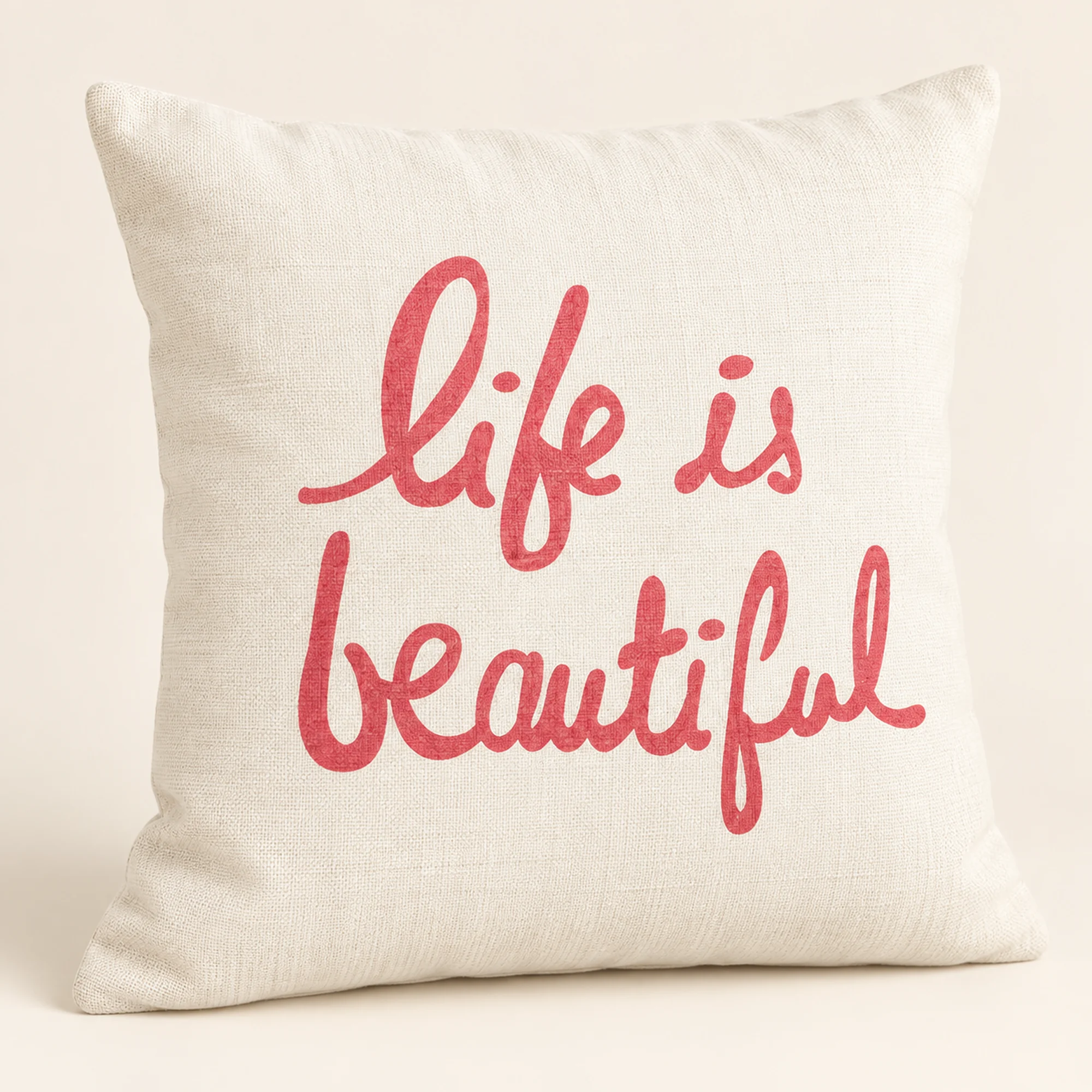 Funda Decorativa para Cojín Marfil Con Frase Life Is Beautiful, 43 × 43 cm