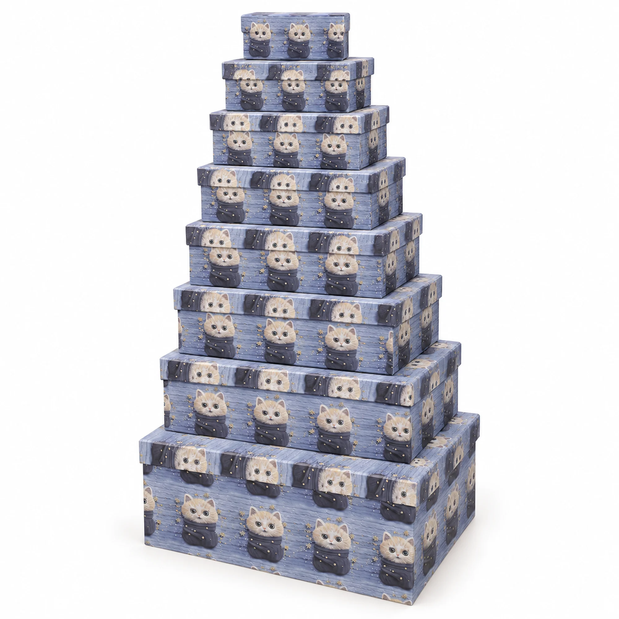 Juego de 10 Cajas de Regalo Juego Rectangular Azul Con Gatitos, Tamaños Surtidos