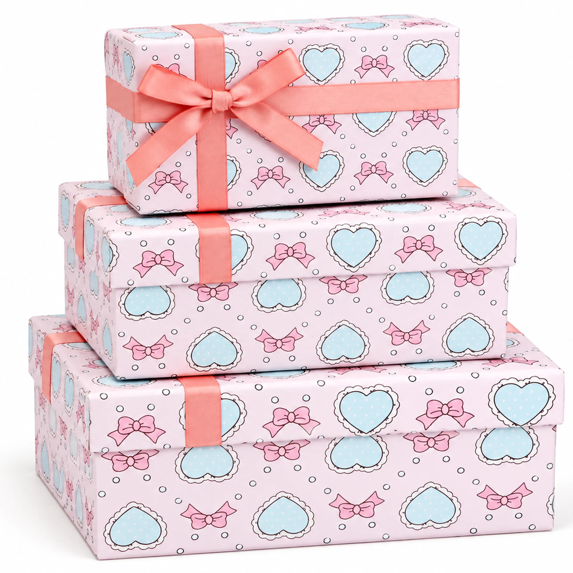 Juego de 3 Cajas de Regalo Juego De Cajas Rosadas Con Corazones Celestes, Tres Tamaños