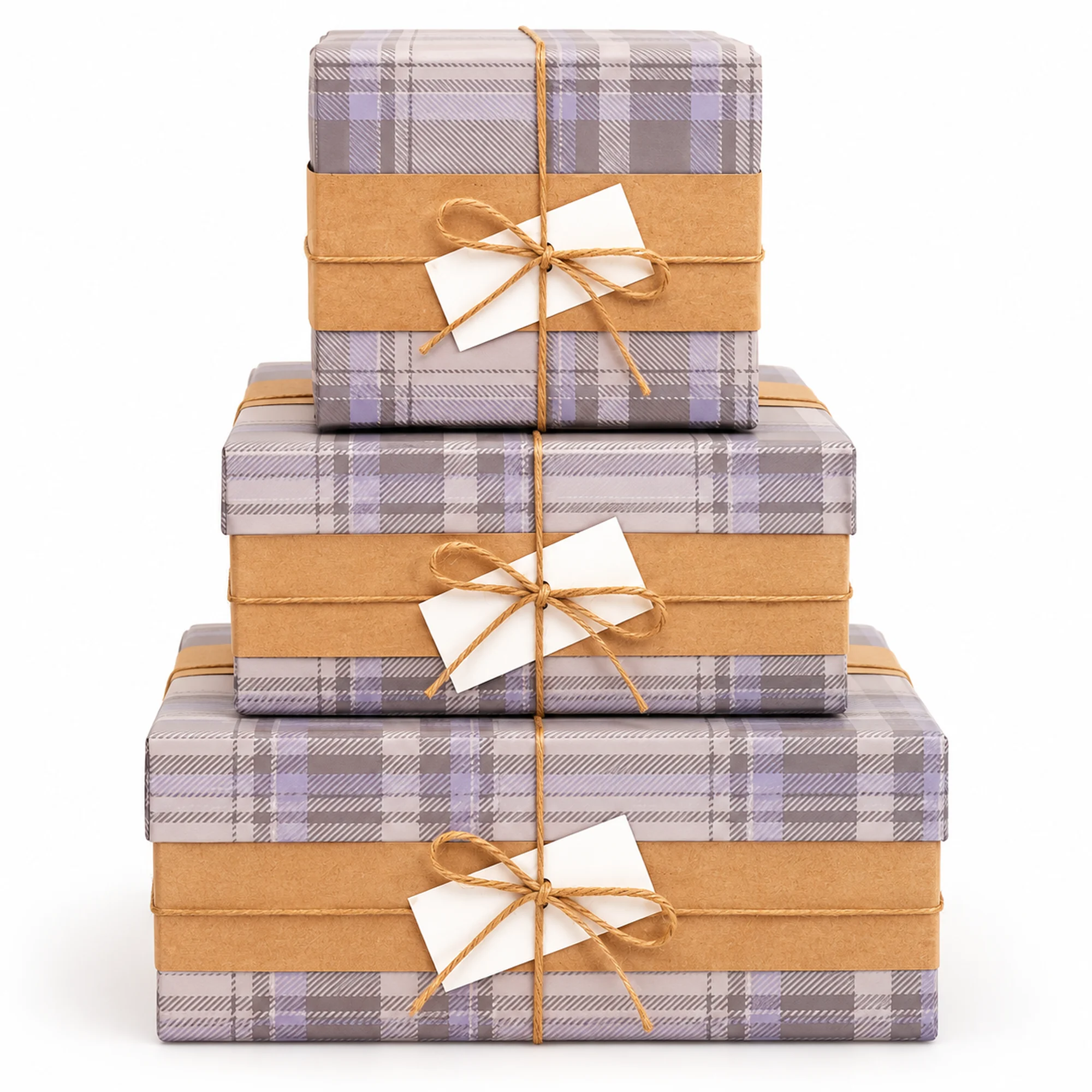Juego de 3 Cajas de Regalo a Cuadros con Banda Kraft y Cordel, Tres Tamaños