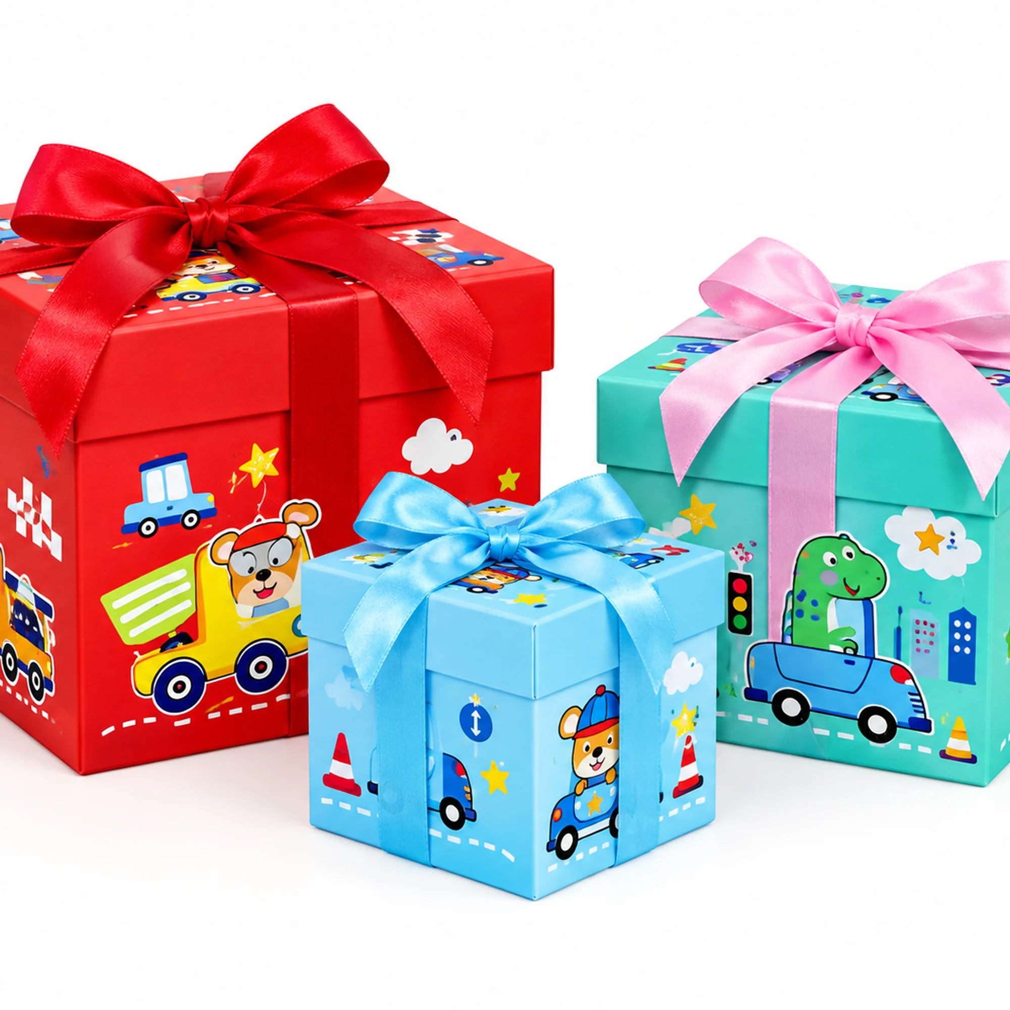 Juego de 3 Cajas de Regalo Juego De Cajas Infantiles Con Vehículos Y Lazo, Tres Tamaños