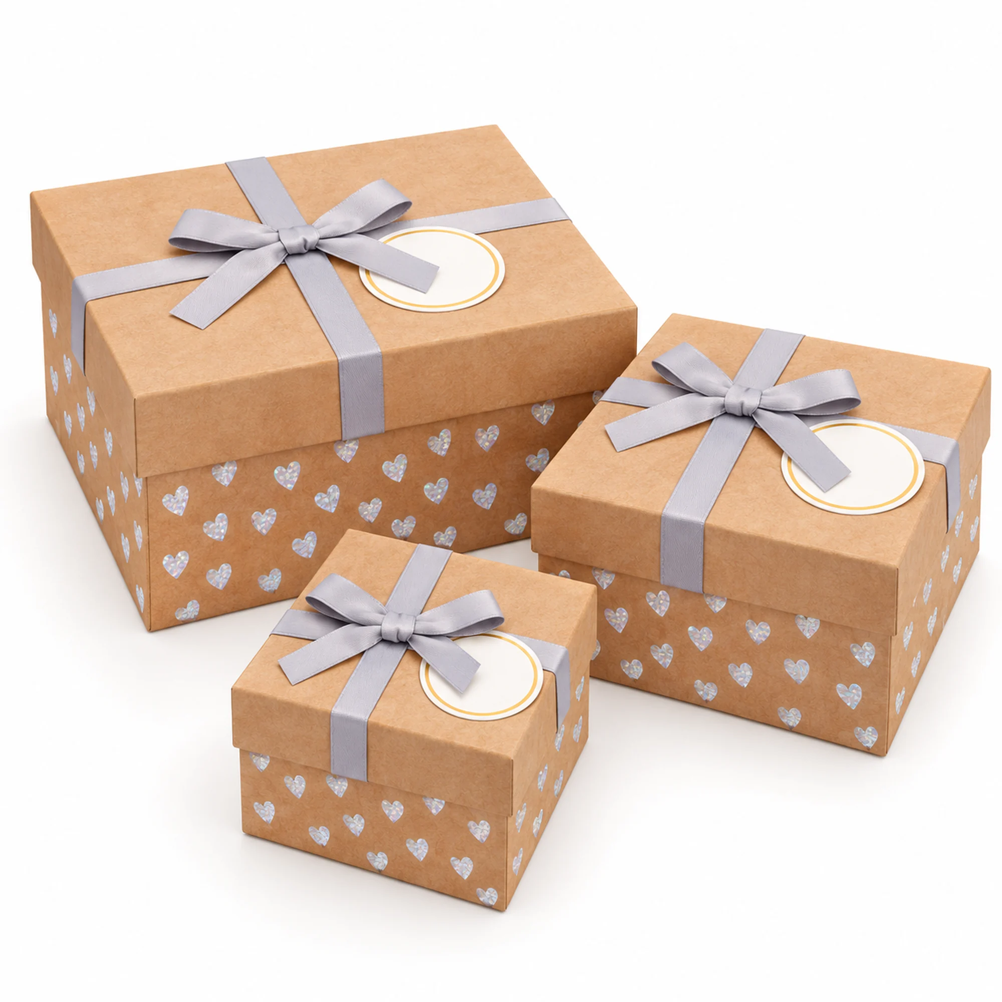 Juego de 3 Cajas de Regalo Juego De Cajas Kraft Con Corazones Holográficos, Tres Tamaños