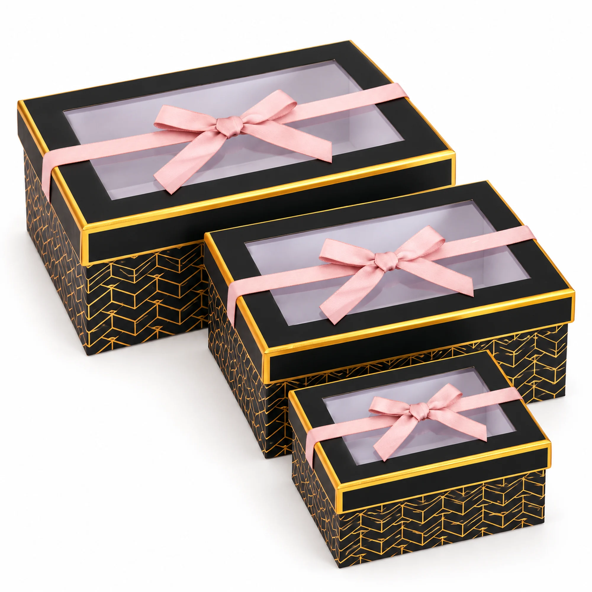 Juego de 3 Cajas de Regalo Juego De Cajas Negras Con Ventana Y Lazo Rosado, Tres Tamaños