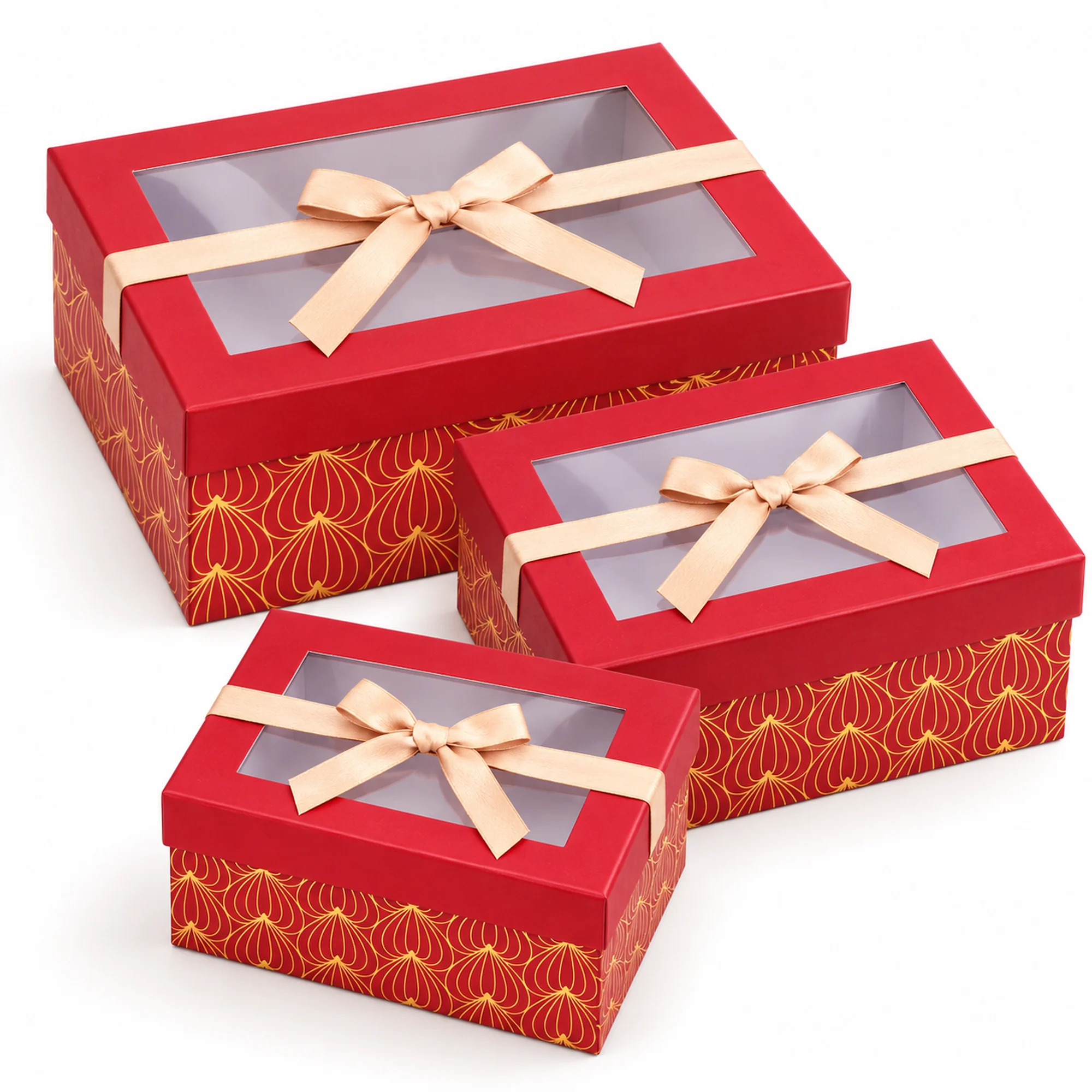 Juego de 3 Cajas de Regalo Juego De Cajas Rojas Con Ventana Y Lazo Champaña, Tres Tamaños