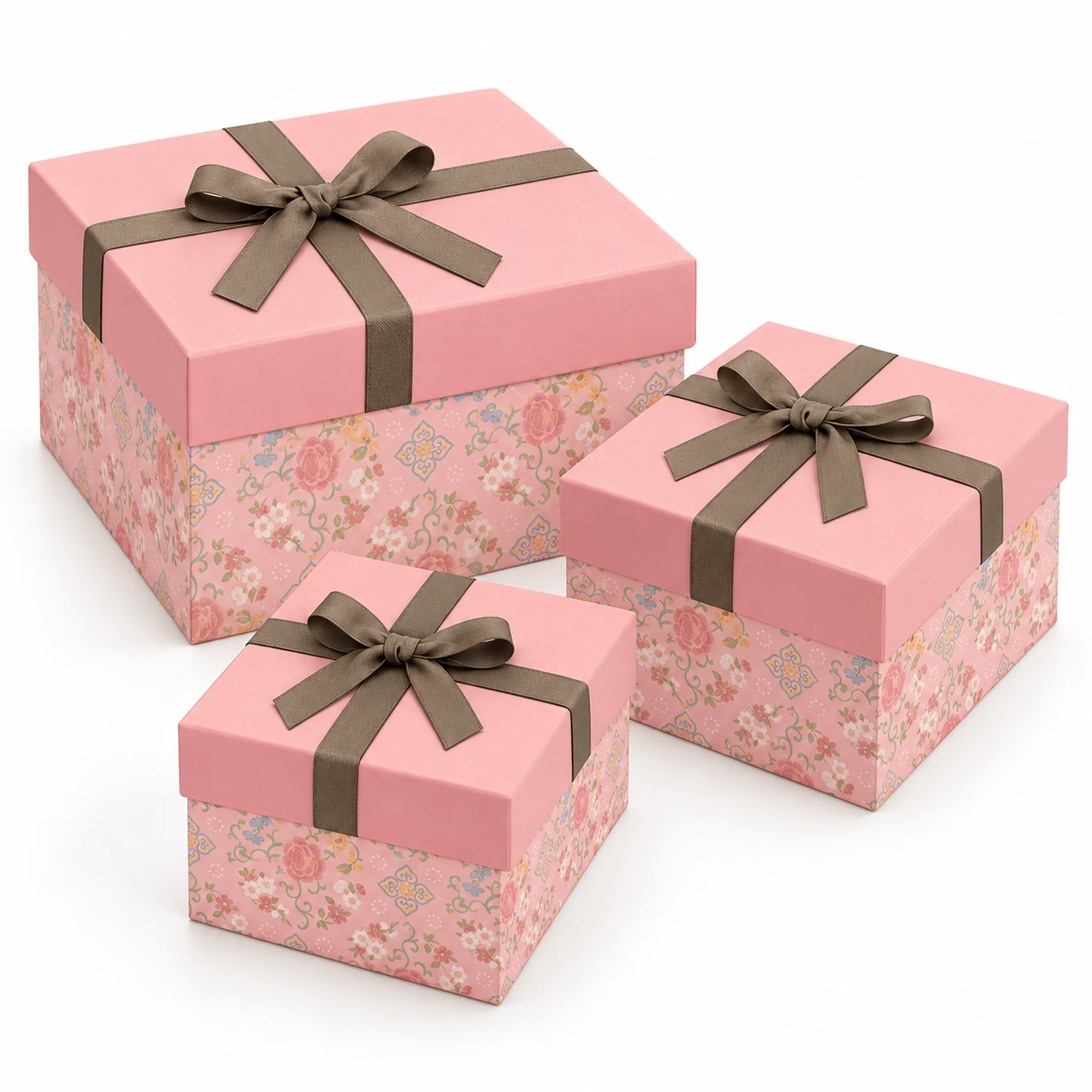 Juego de 3 Cajas de Regalo Juego De Cajas Rosadas Con Laterales Florales, Tres Tamaños