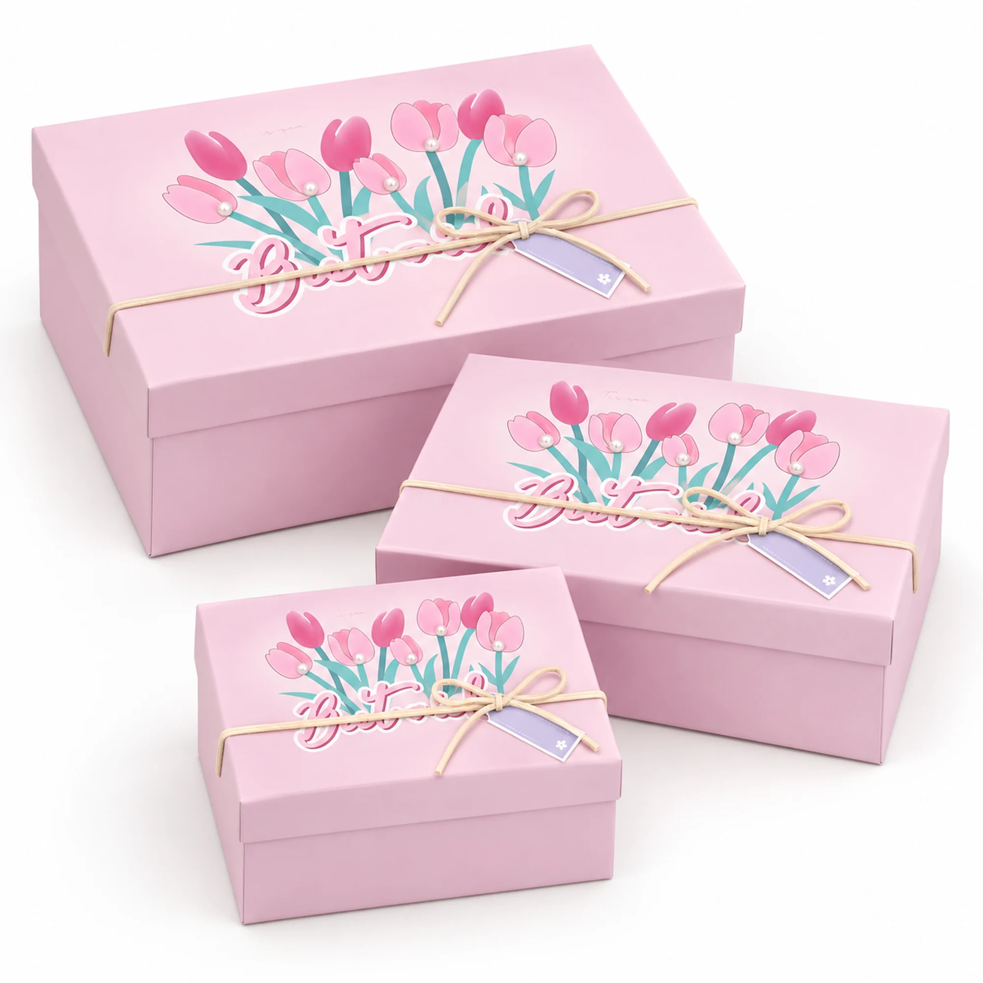 Juego de 3 Cajas de Regalo Juego De Cajas Rosadas Con Tulipanes Y Cordón, Tres Tamaños