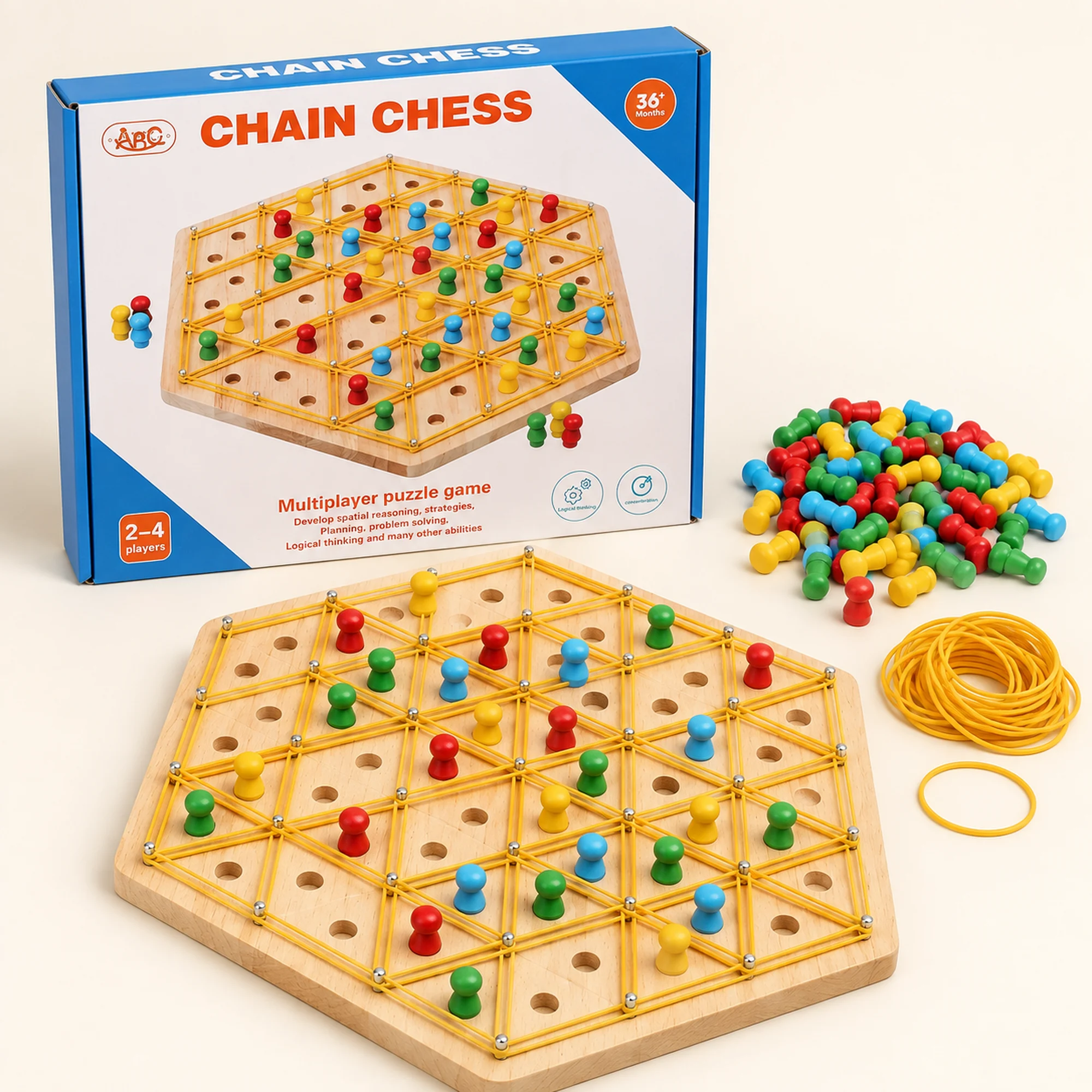Juego Chain Chess de Madera con Elásticos, 2–4 Jugadores