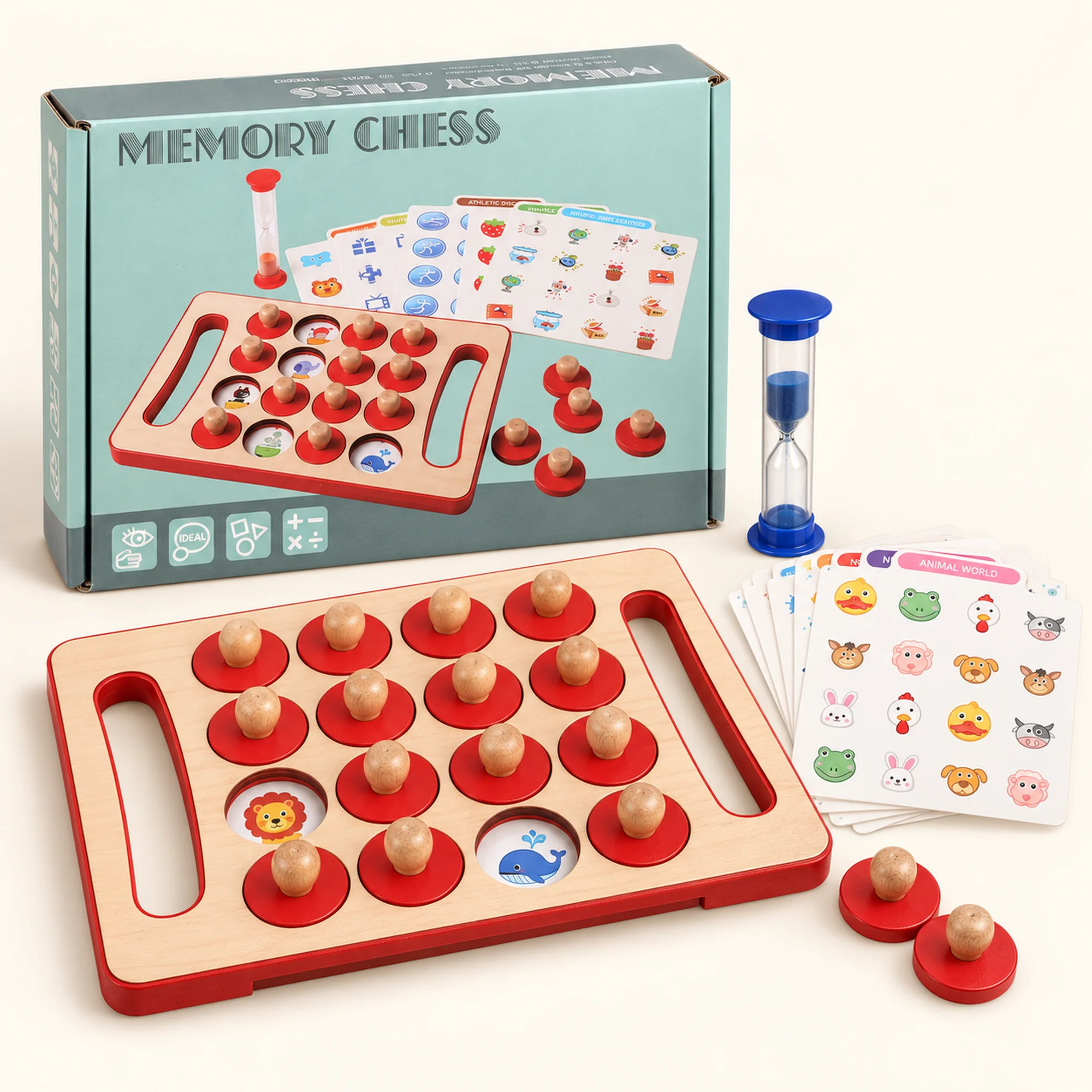 Juego de Memoria de Madera con Tarjetas y Reloj de Arena
