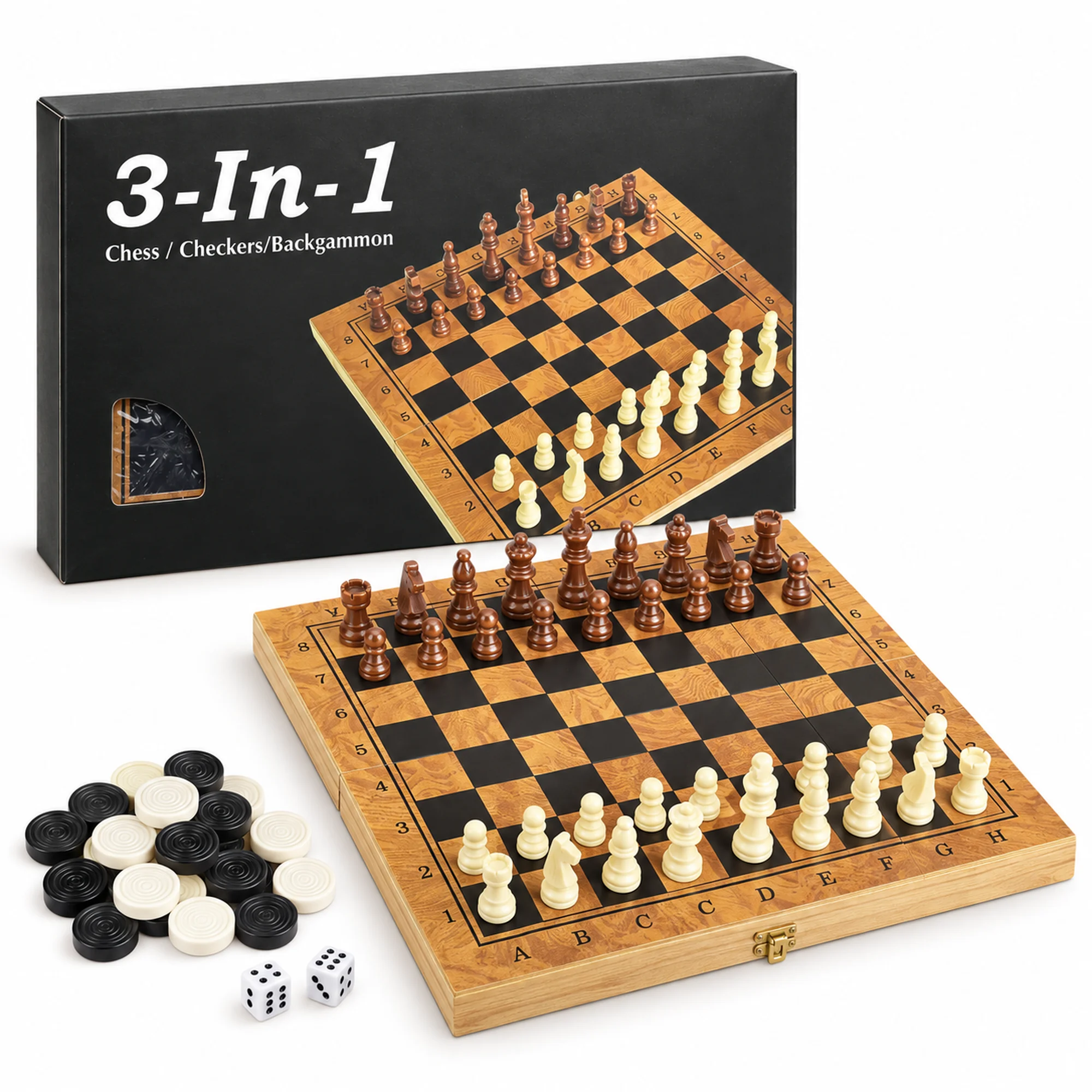 Juego de Mesa 3 en 1 Ajedrez, Damas y Backgammon, Tablero 29 × 29 cm