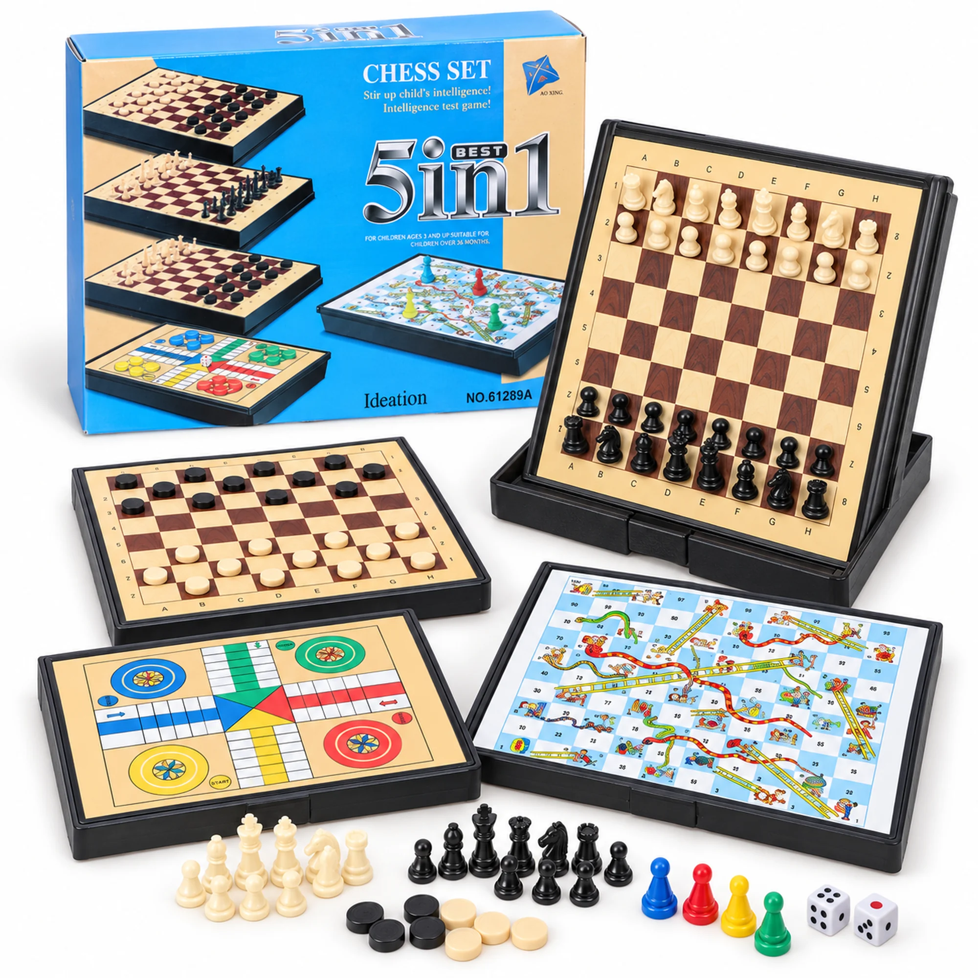 Juego de Mesa 5 en 1 Compacto con Estuche, 11,5 × 16,5 cm