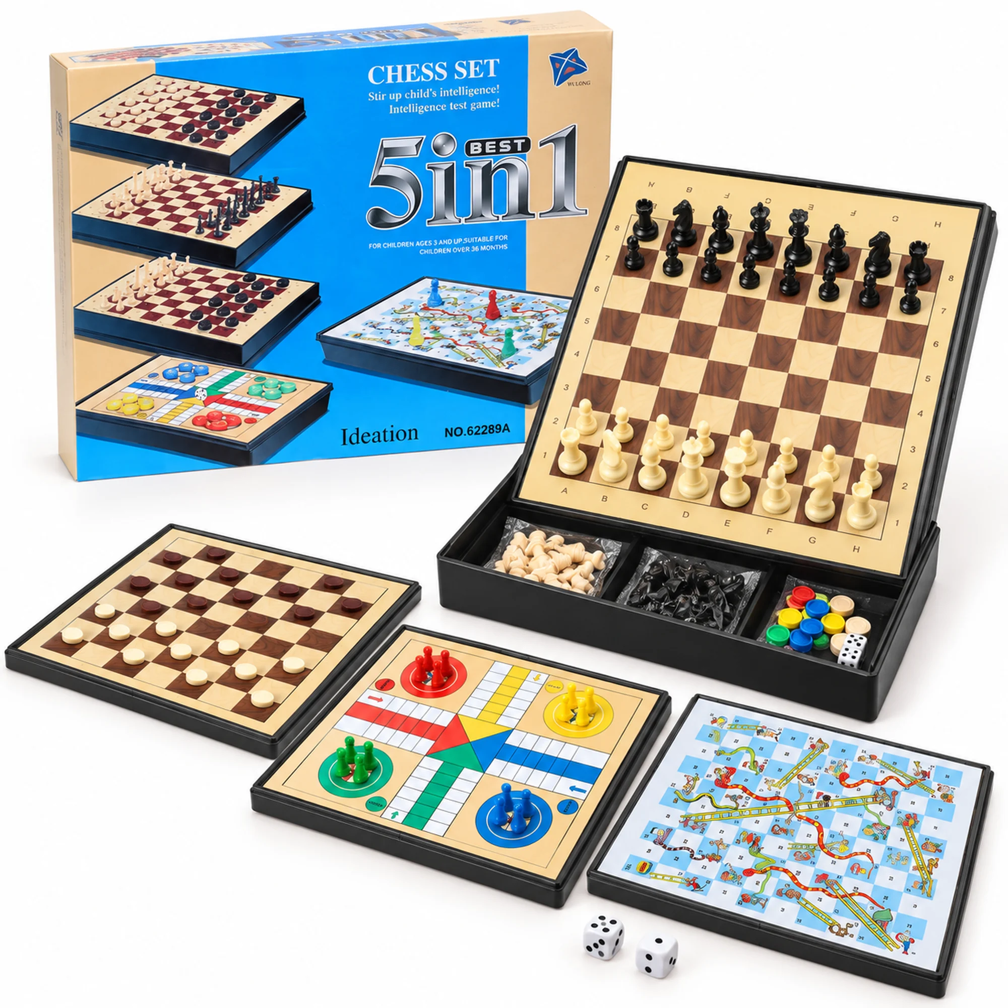 Juego de Mesa 5 en 1 con Estuche y Tableros, 17,5 × 24 cm