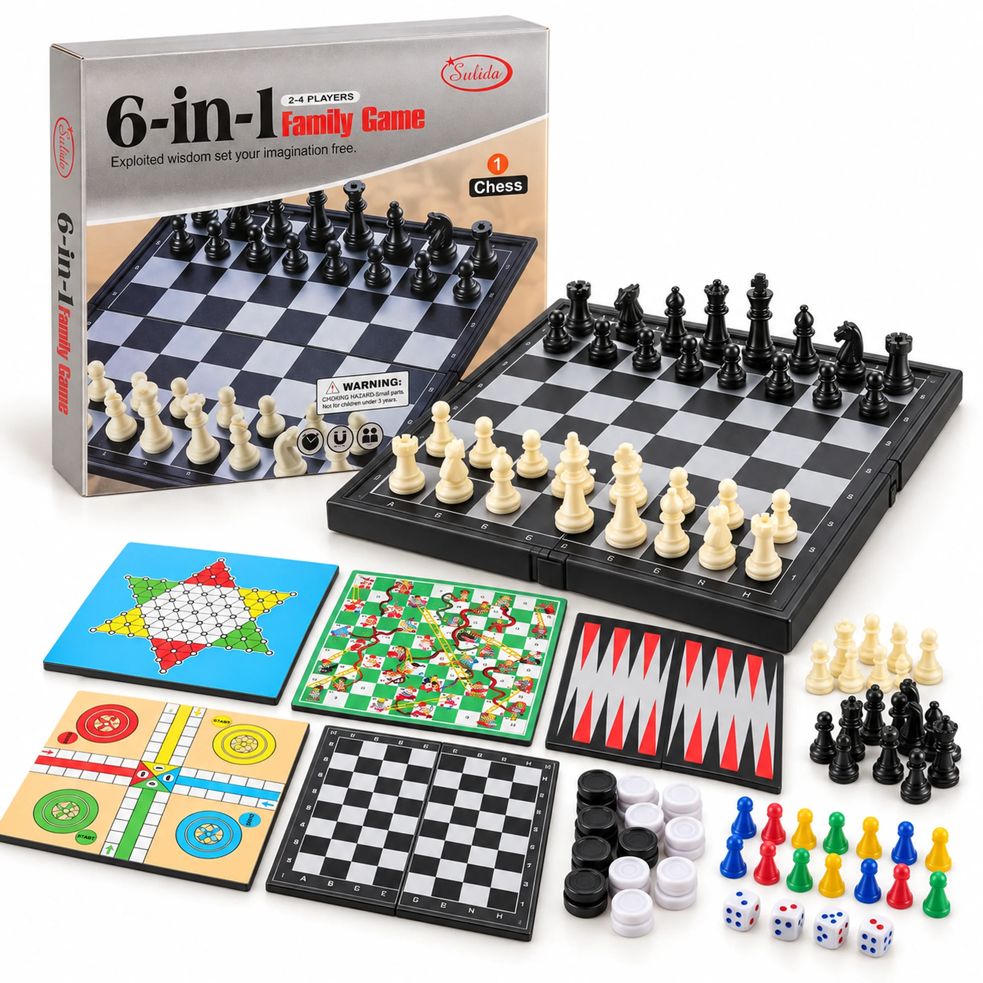 Juego de Mesa Sulida 6 en 1 para 2–4 Jugadores, 18,3 × 17,6 cm
