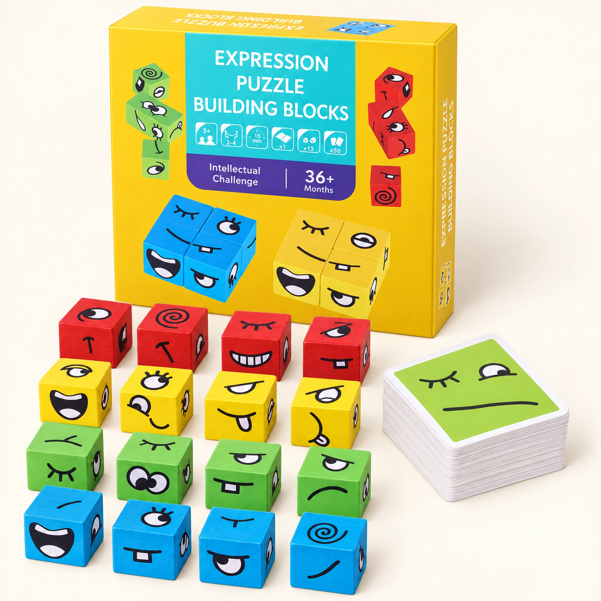 Juego Puzzle de Expresiones, 12 Cubos y 50 Tarjetas