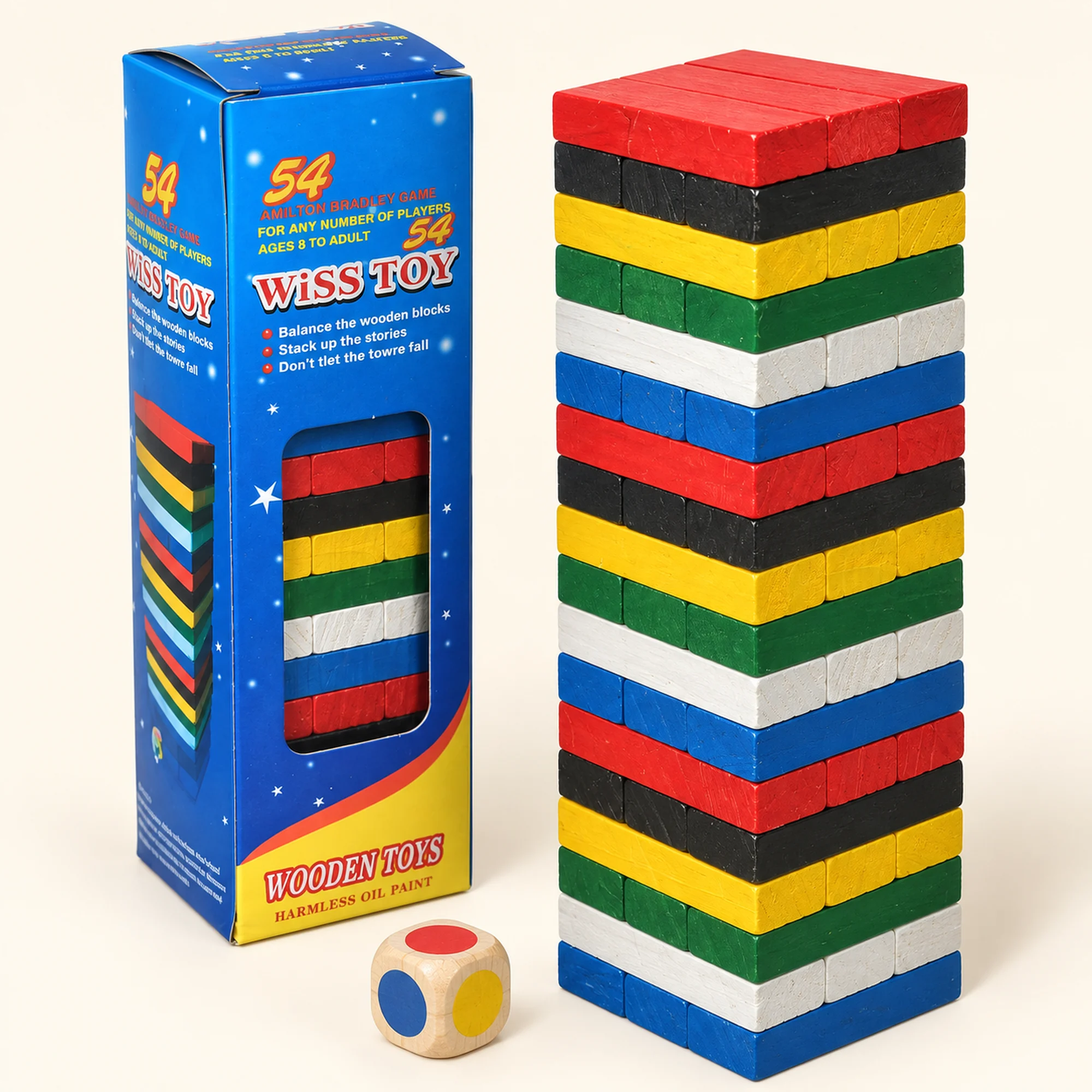 Juego de Torre de Madera de Colores, 54 Bloques, Tamaño Pequeño