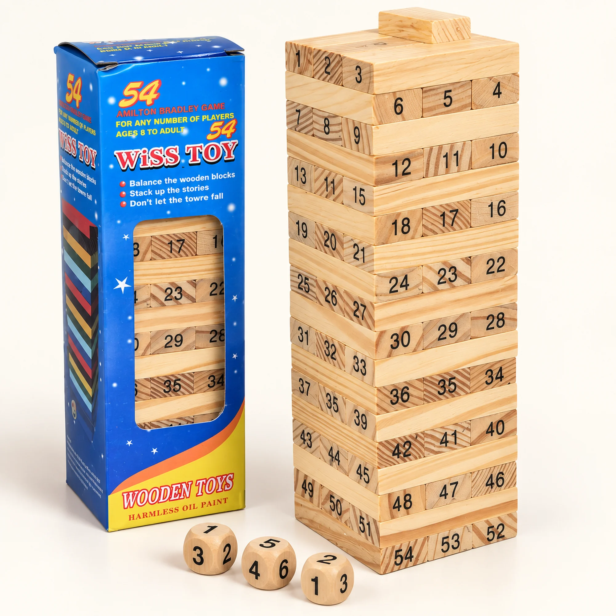 Juego de Torre de Madera Natural, 54 Bloques Numerados, Tamaño Mediano