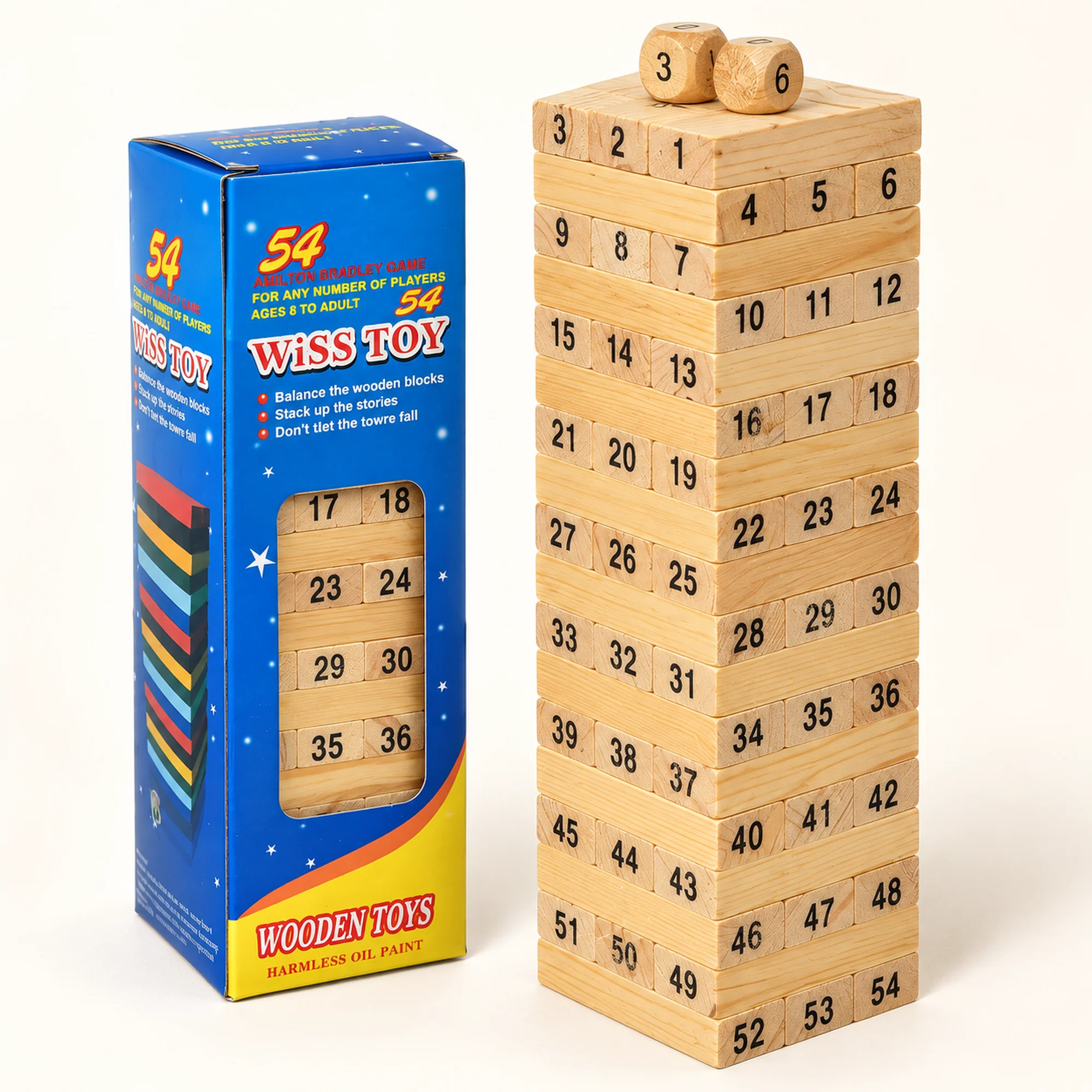 Juego de Torre de Madera Natural, 54 Bloques Numerados, Tamaño Pequeño