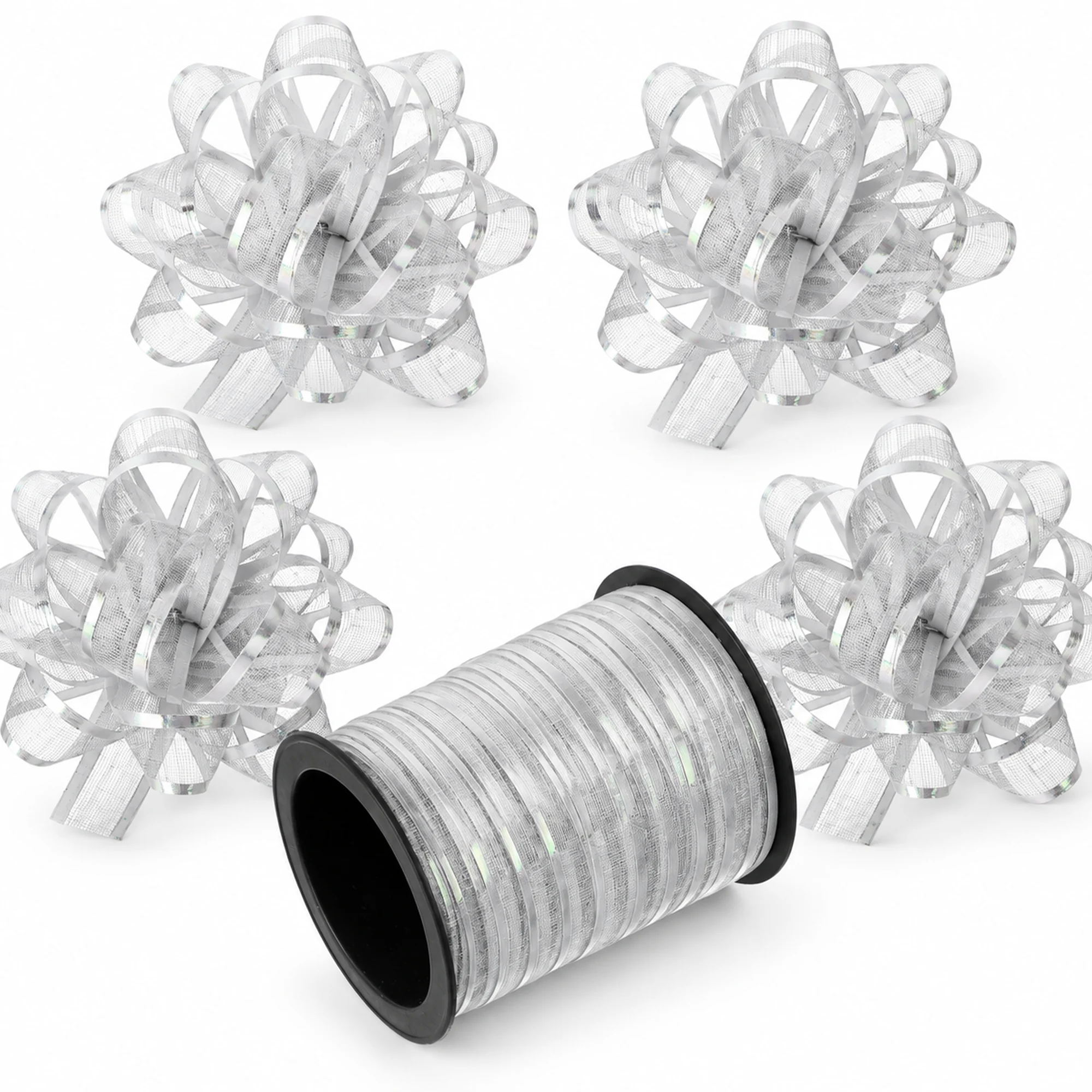 Kit de 4 Lazos de Malla con Rollo de Cinta, Lazos de 5 cm, Color Surtido