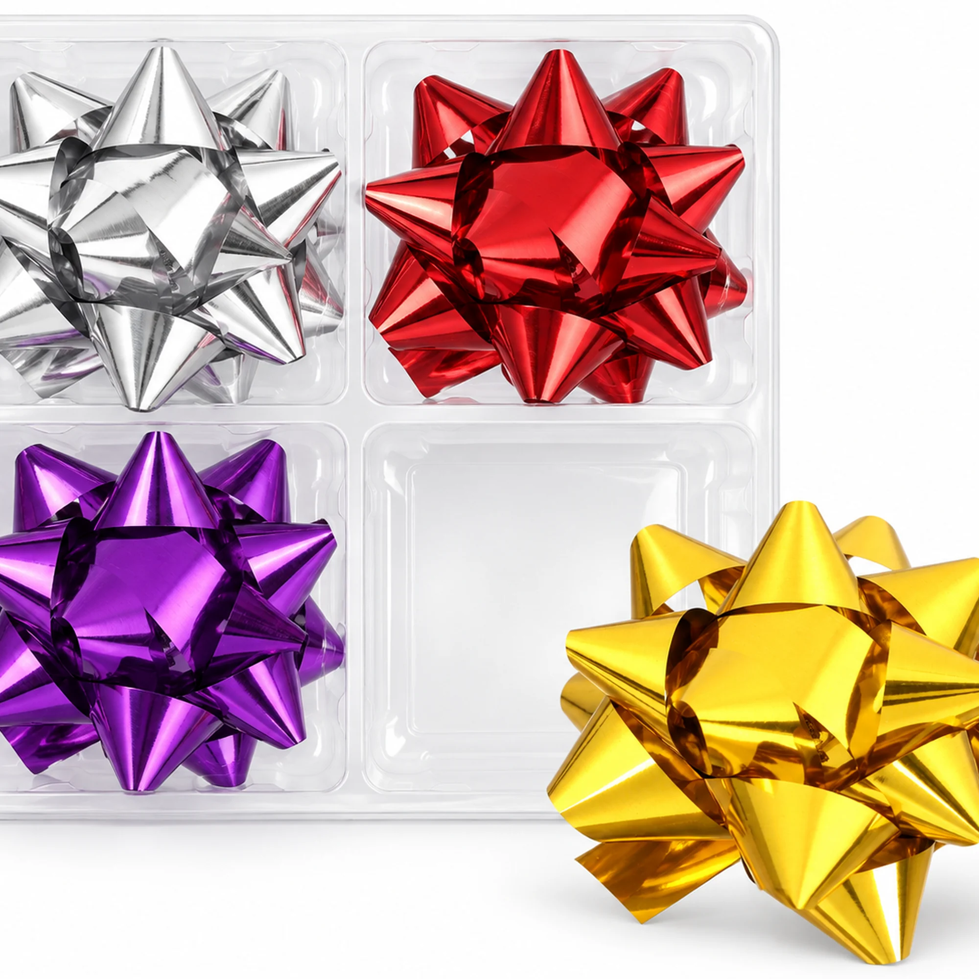 Lazos Estrella Metálicos Adhesivos, 7,5 cm (3,0 in) de diámetro aprox., 4 Unidades, Colores Surtidos