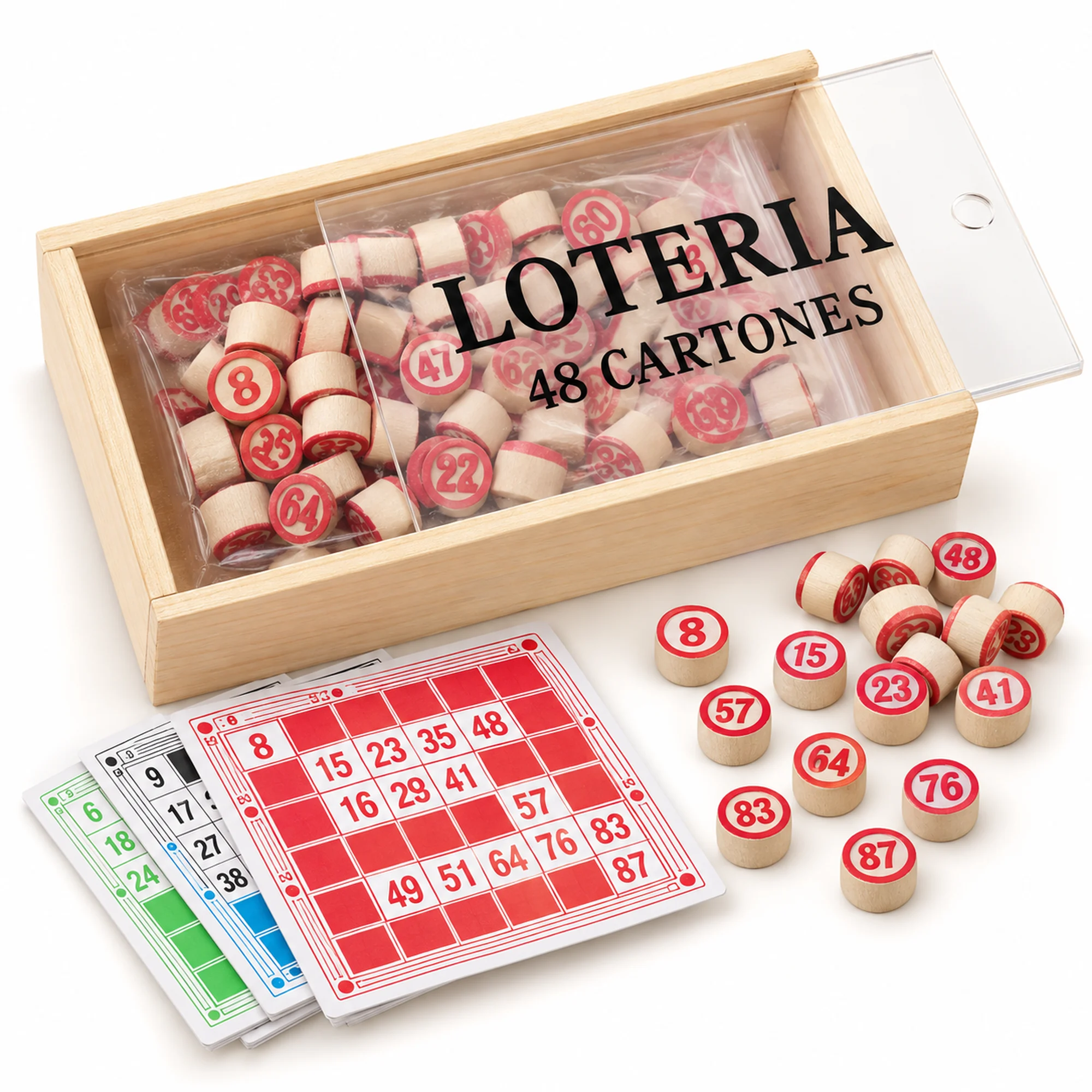 Lotería de Números con 48 Cartones y 90 Fichas de Madera