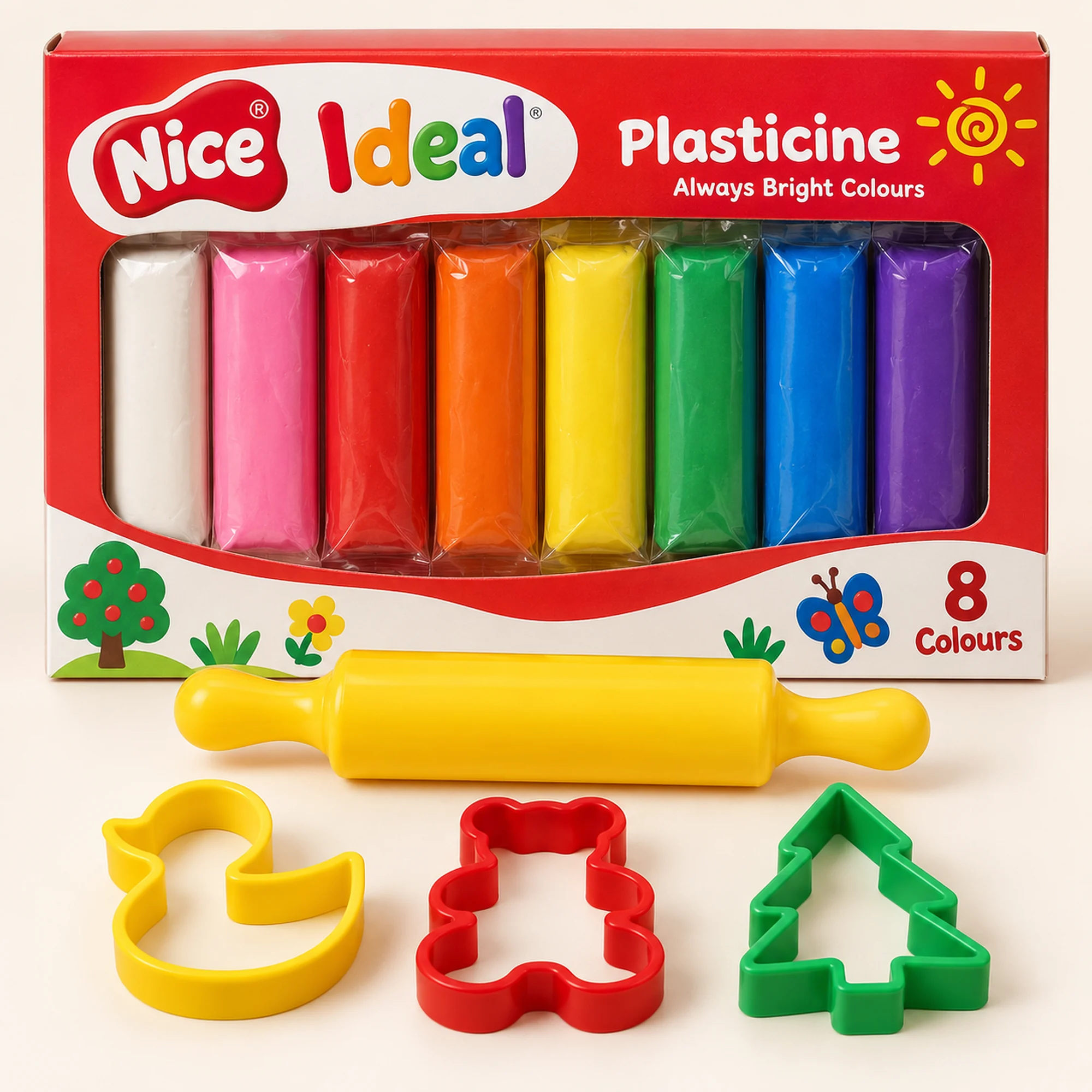 Plasticina de 8 Colores con Rodillo y 3 Cortadores, 100 g
