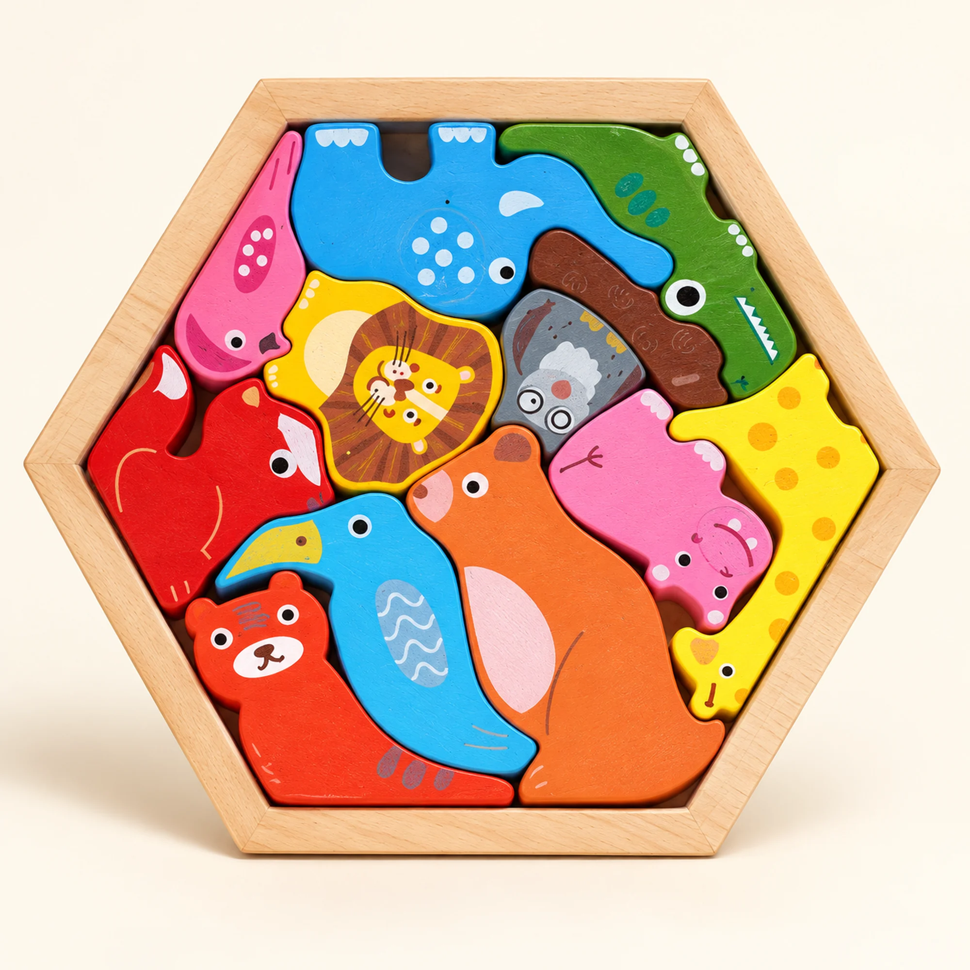Puzzle de Madera en Caja Hexagonal, 18,5 × 16 cm, Diseño Surtido
