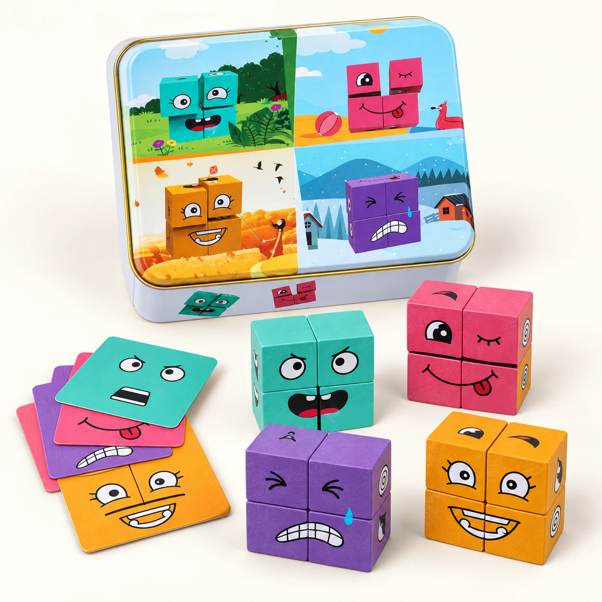 Puzzle de Expresiones con Cubos de Madera y Caja Metálica