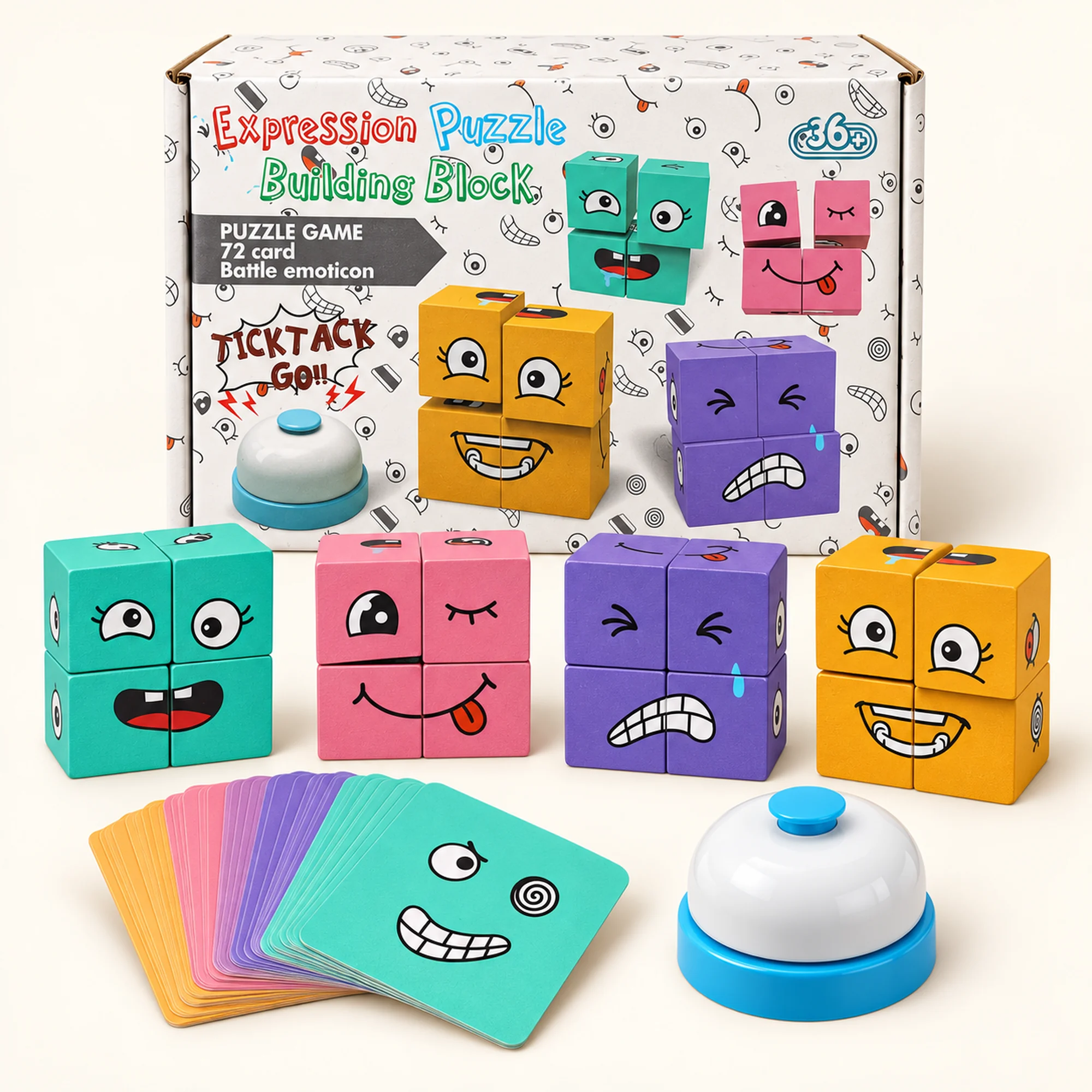 Puzzle de Expresiones con Cubos de Madera, Tarjetas y Timbre